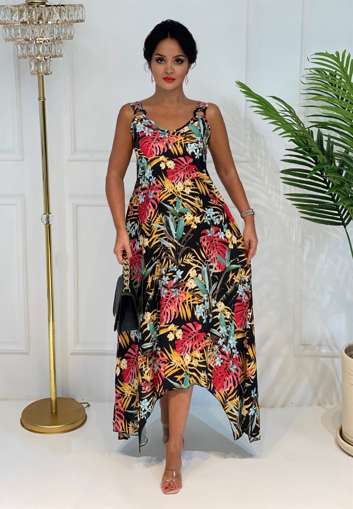 3666 siyah halka detaylı renkli yapraklı elbise JRHURFT7RFTGFUY