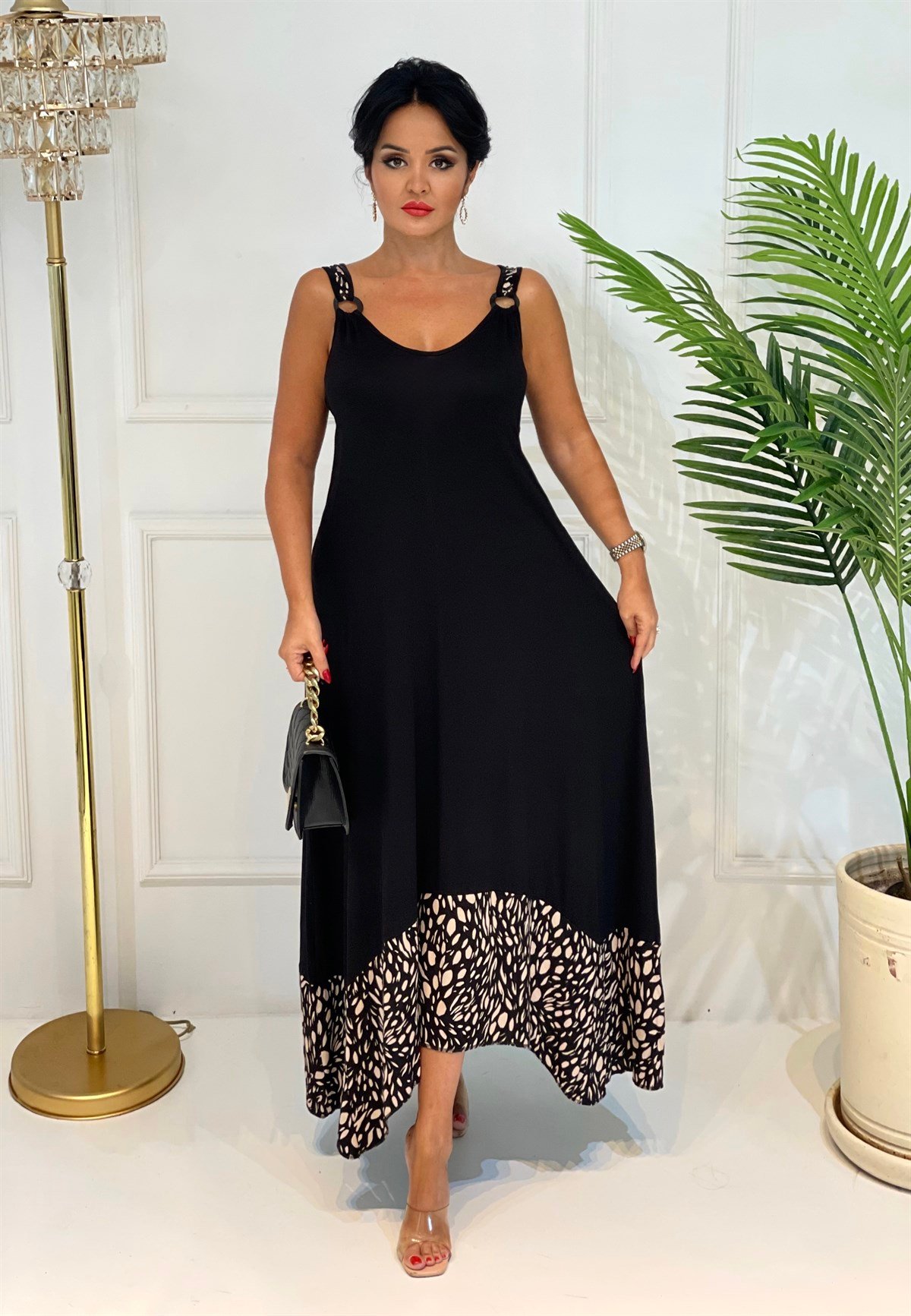 3667 siyah halka detaylı altı leopar elbise JRHURFT7RFTGFUY