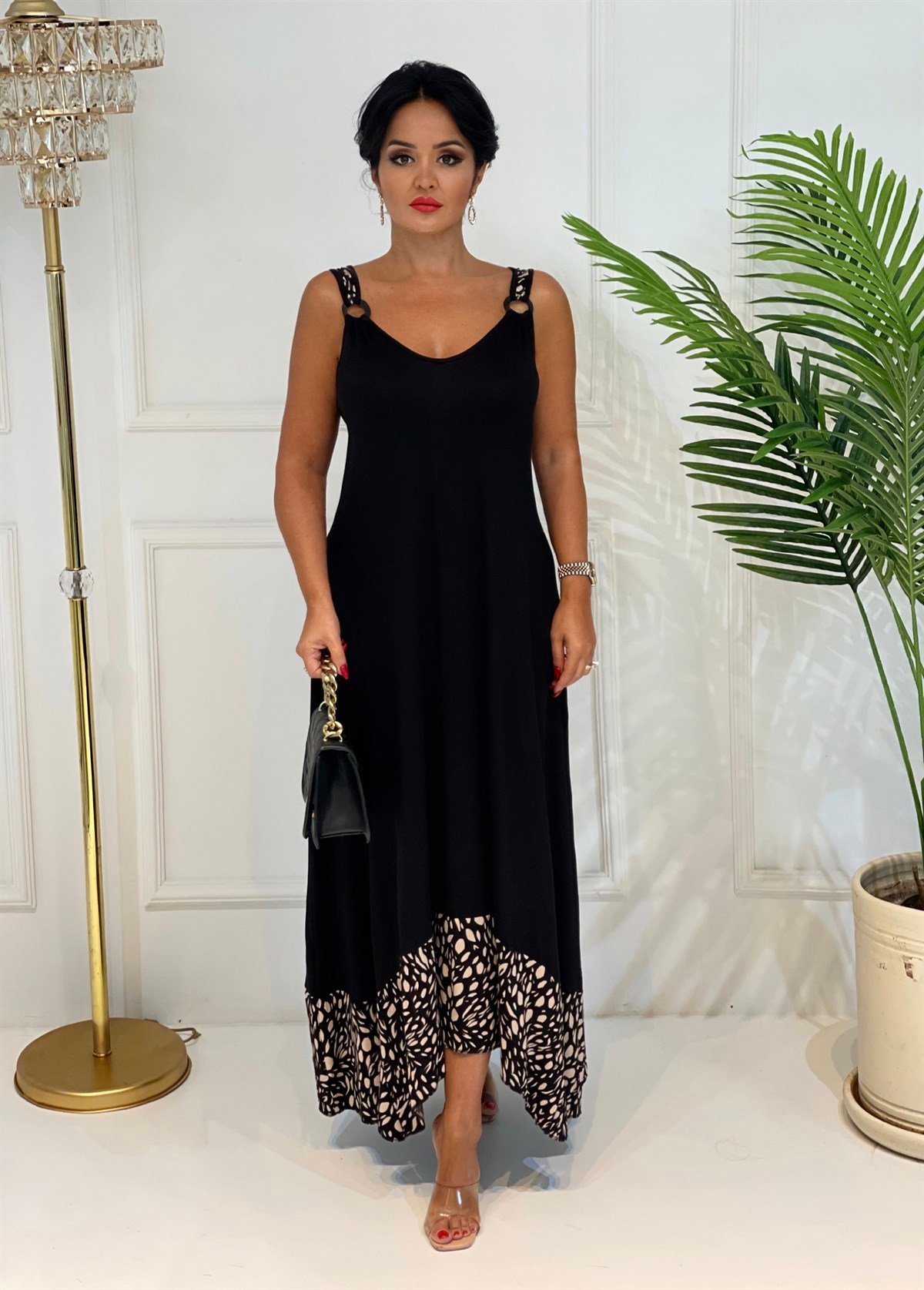 3667 siyah halka detaylı altı leopar elbise JRHURFT7RFTGFUY