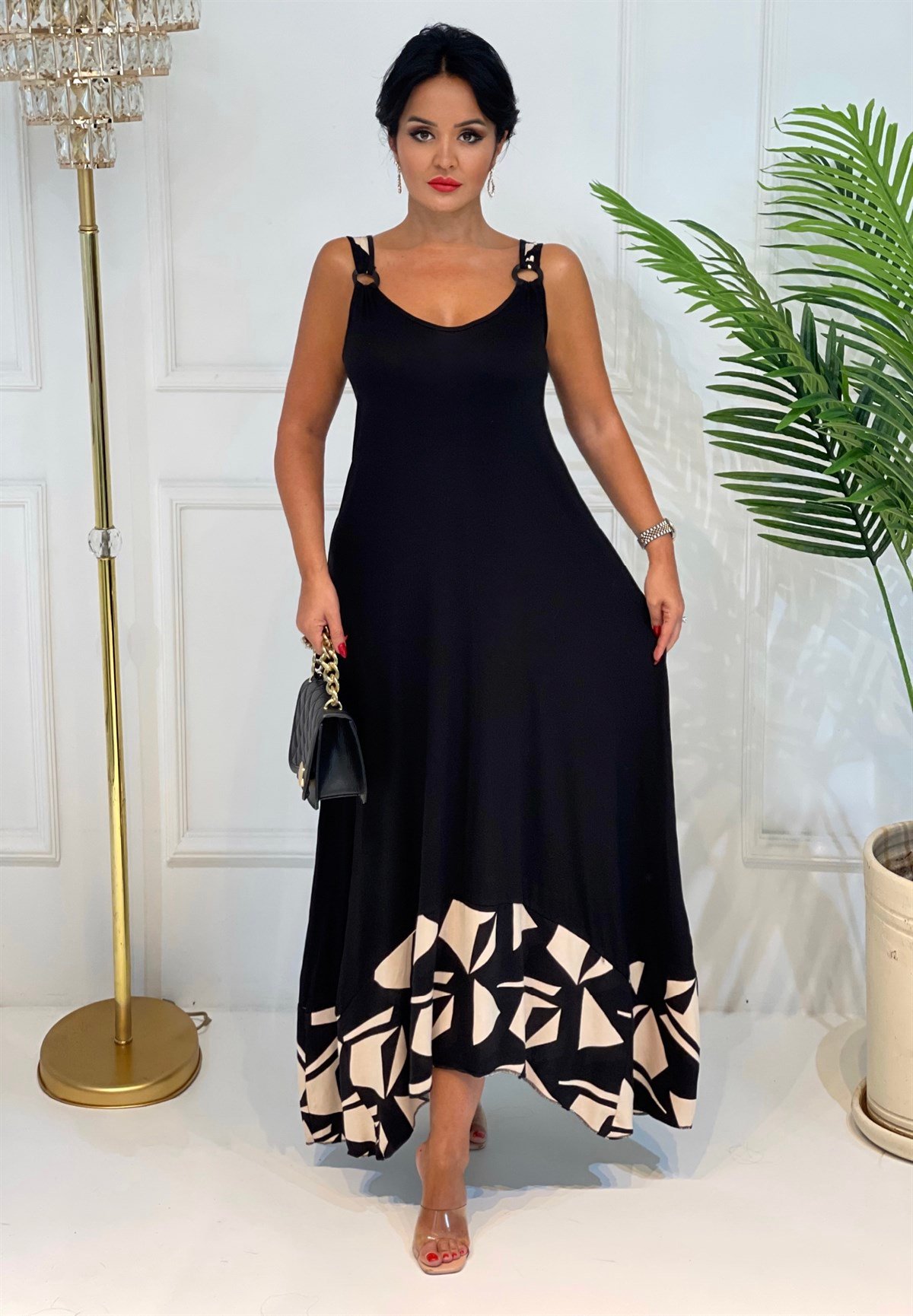 3667 siyah halka detaylı altı şekilli elbise JRHURFT7RFTGFUY