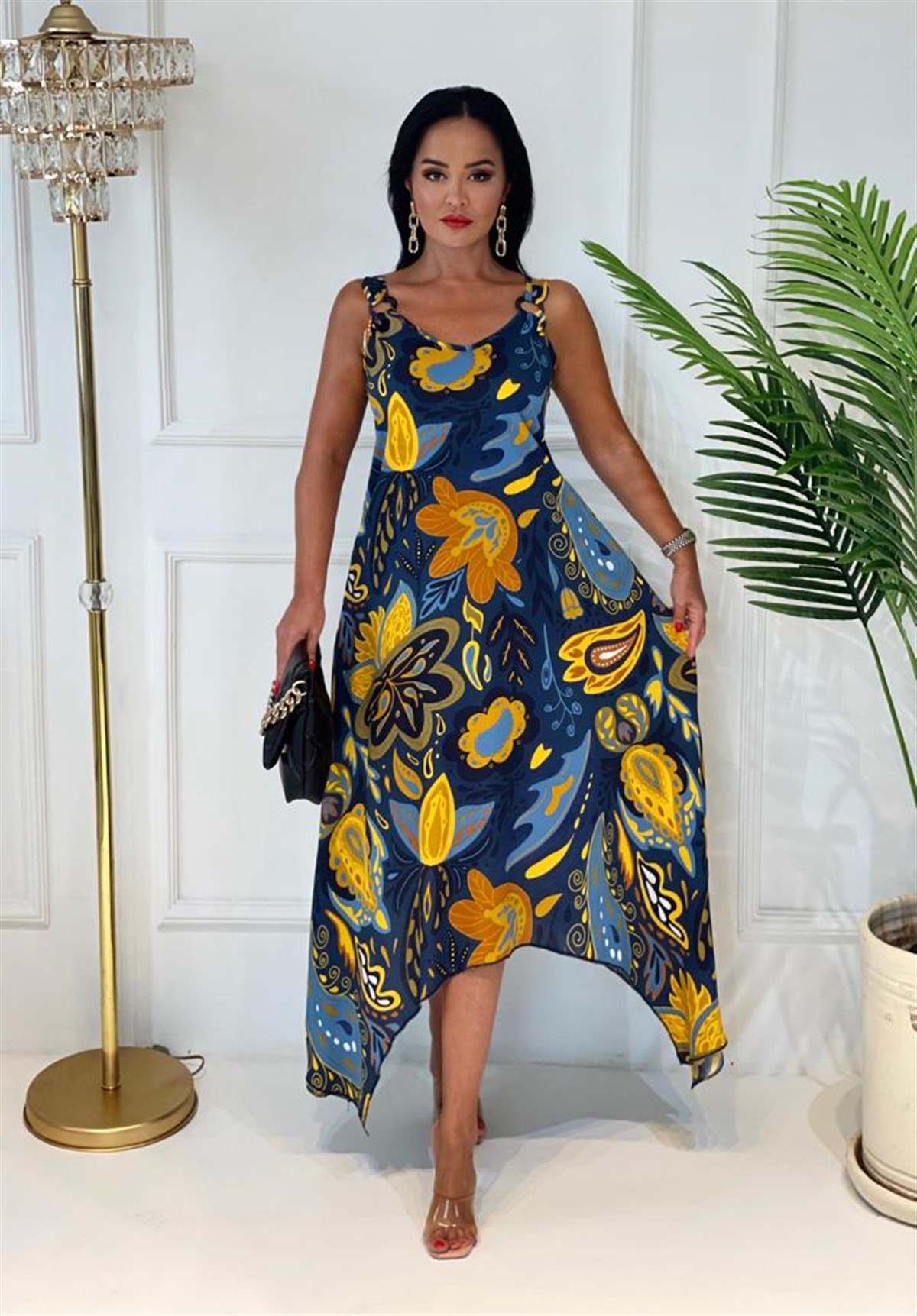 3674 lacivert sarı halka detaylı elbiseLdlxmcm