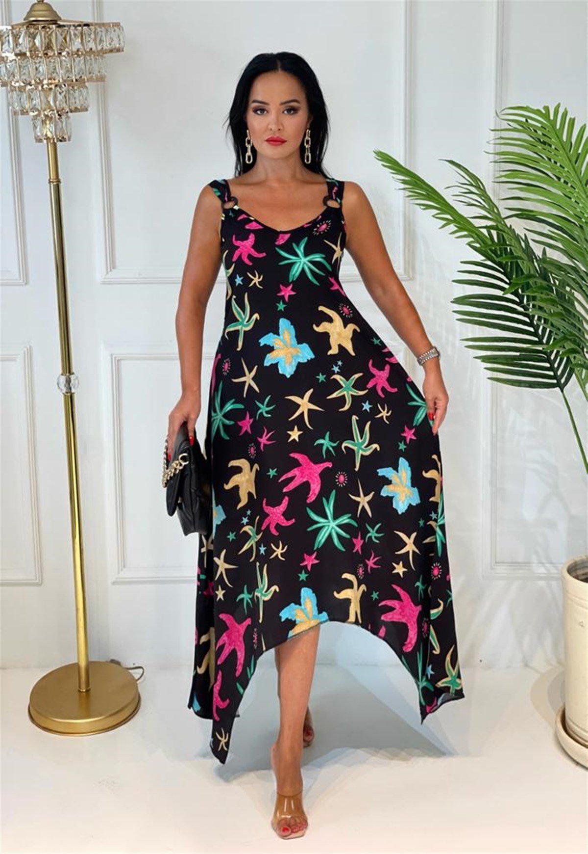 3675  yıldızlı pembe yeşil halka detaylı elbiseBxnznz