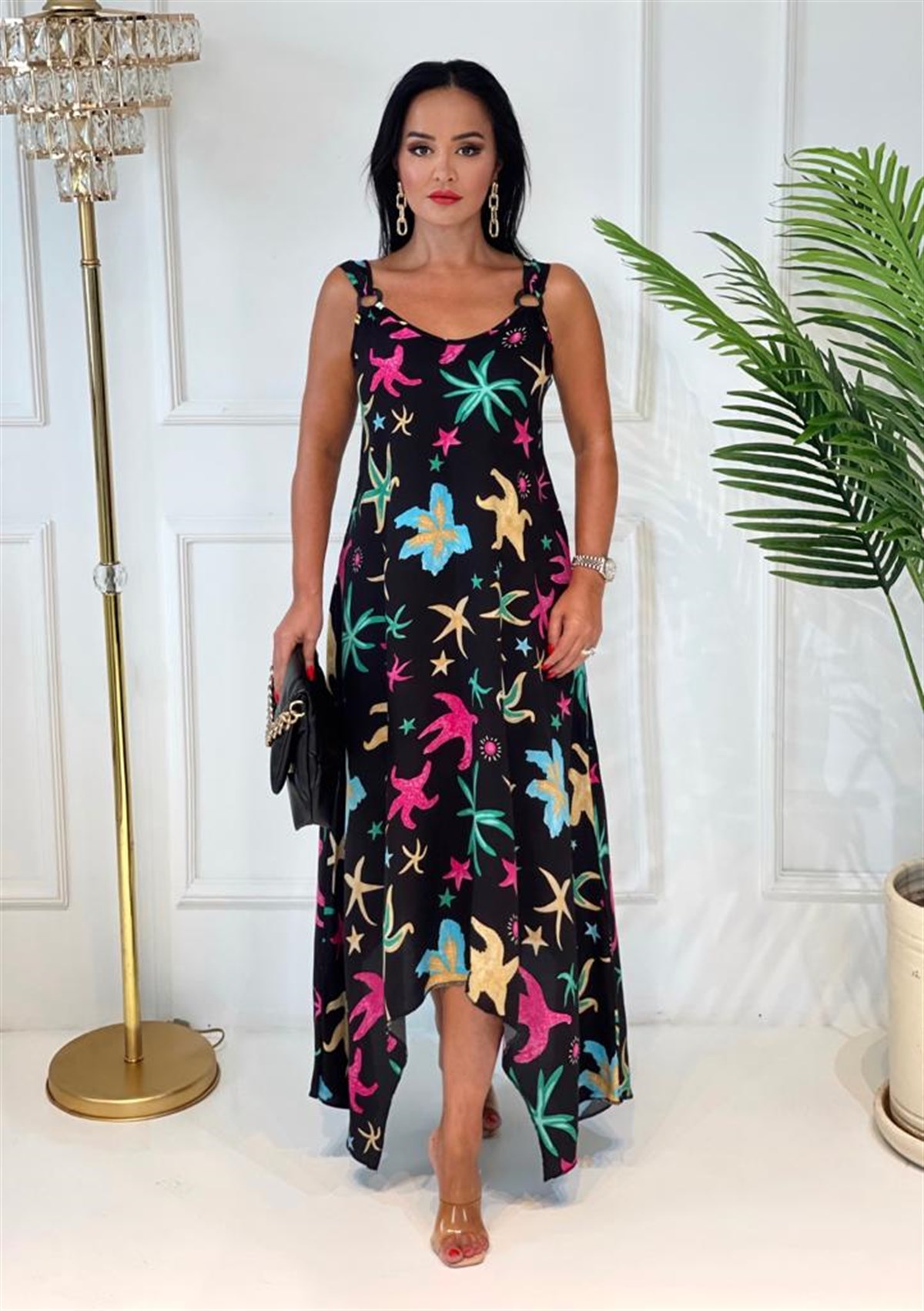 3675  yıldızlı pembe yeşil halka detaylı elbiseBxnznz