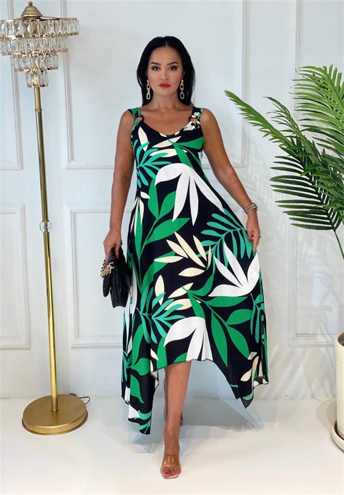 3676  yeşil yapraklı halka detaylı elbiseDhwjdjsjj