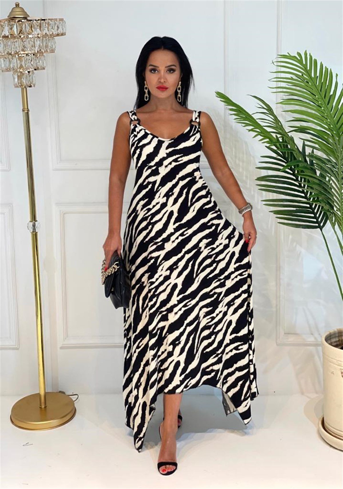 3680 siyah bej zebra desen halka detaylı elbiseJRHURFT7RFTGFUY