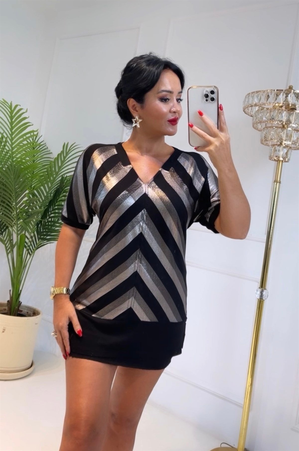 3704 parlak gri v yaka bluzdef45ty54y5