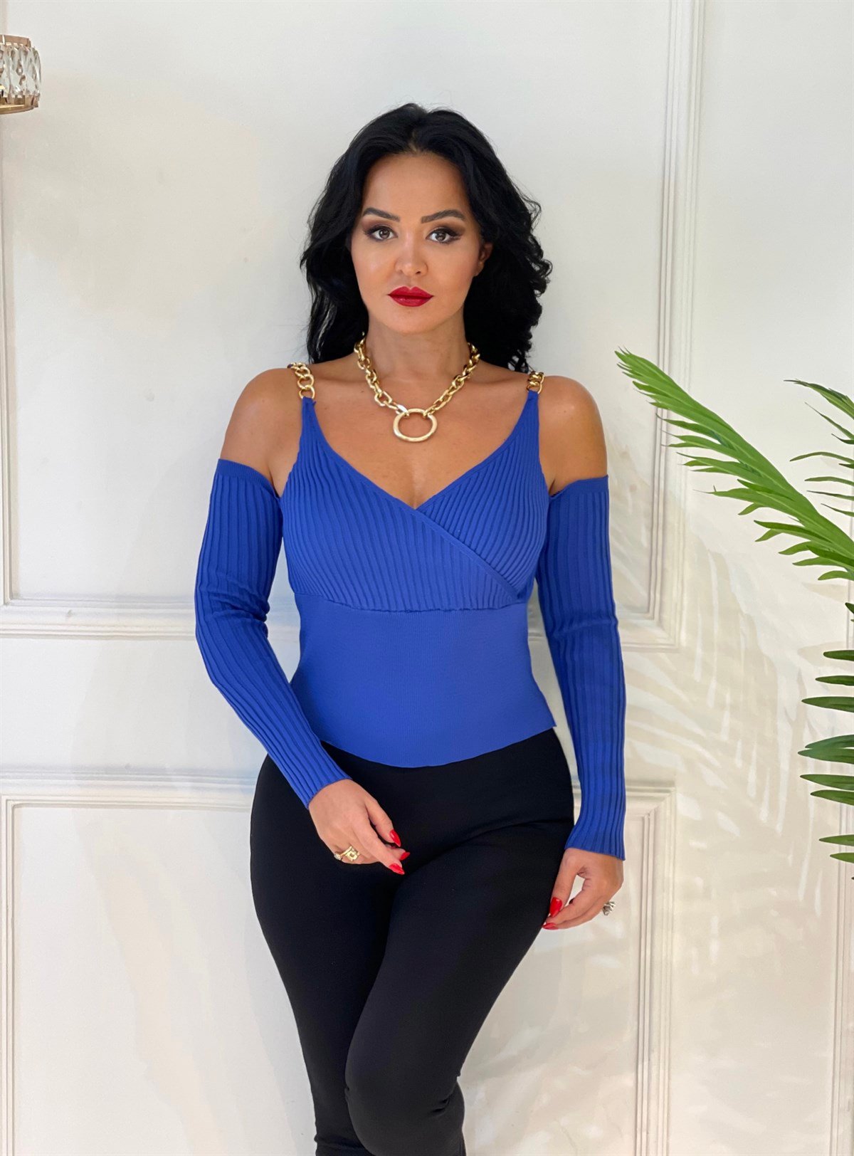 3709 MAVİ ZİNCİR DETAYLI BLUZHJT68URTJRT