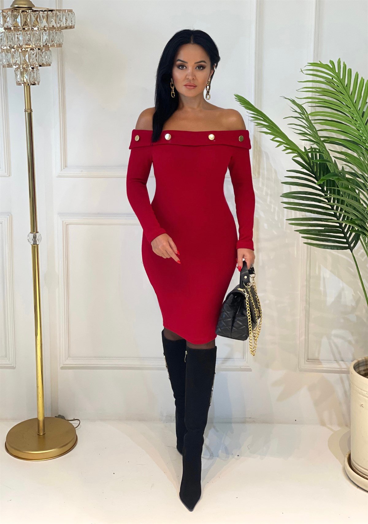 3738 madonna yaka kırmızı triko elbiseMdmdmdm