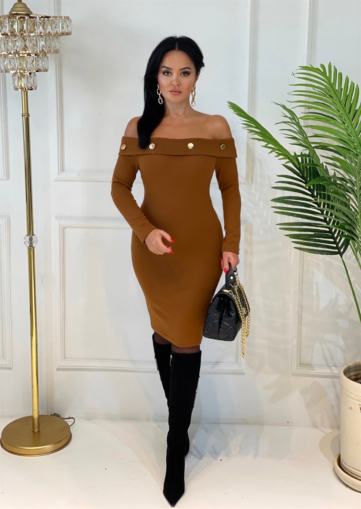 3738 madonna yaka taba rengi triko elbiseMdmdmdm