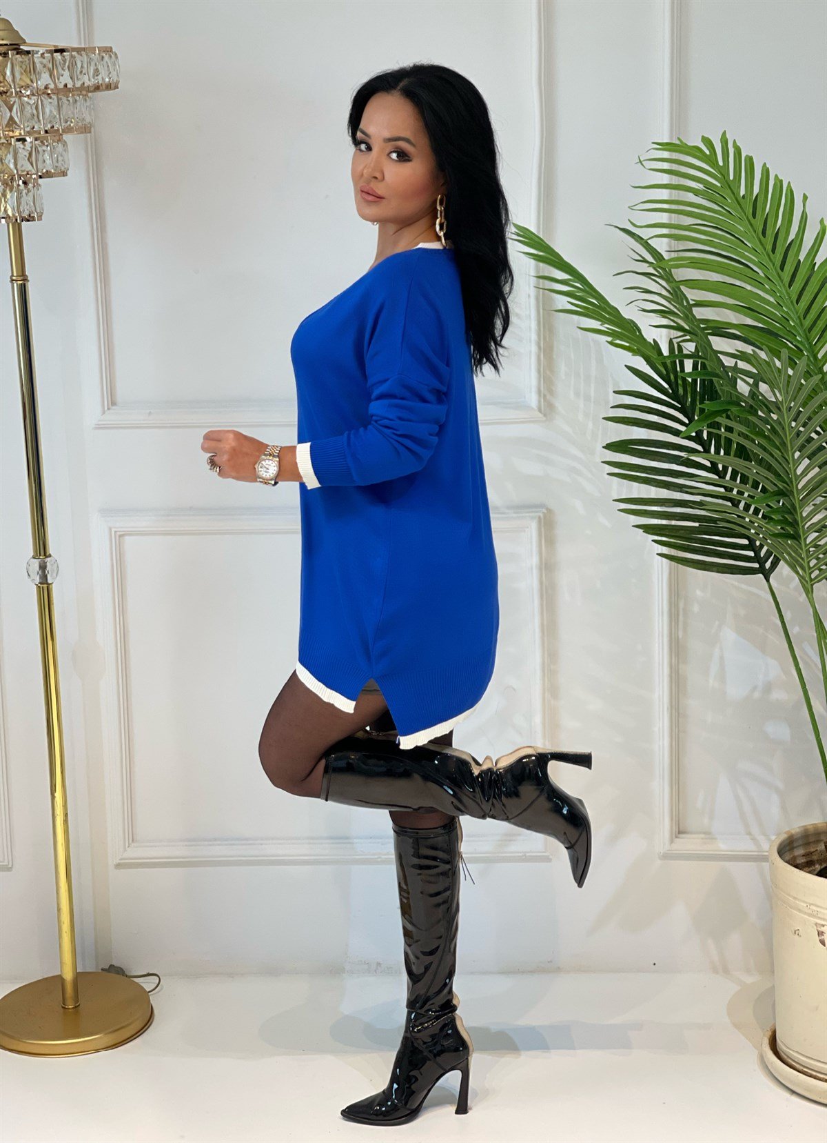 3748 v yaka etek ucu beyaz MAVİ Tunikdksmsnd