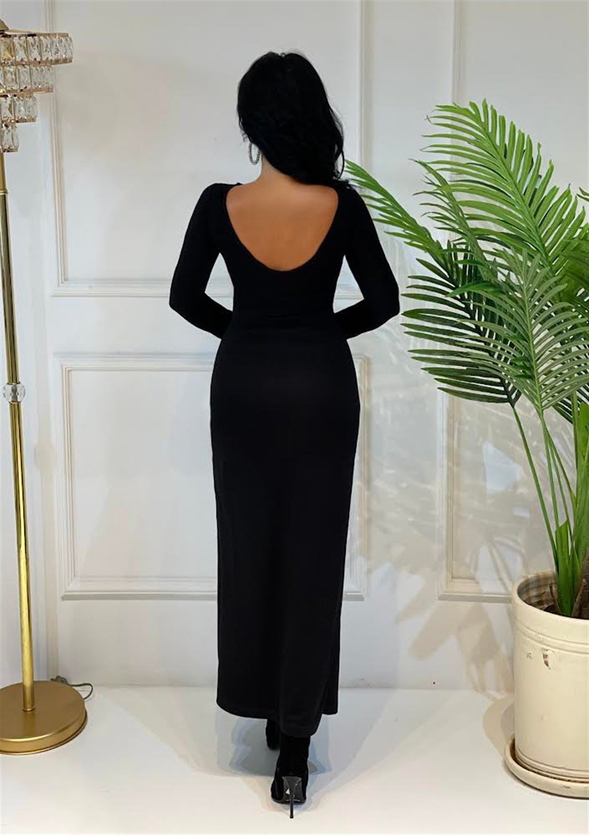 3749 ETEĞİ ZİNCİRLİ SİYAH ELBİSESYSSSH