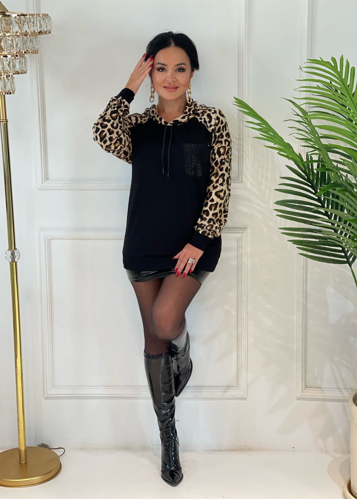 3751 siyah kolları leopar sweatmmgff