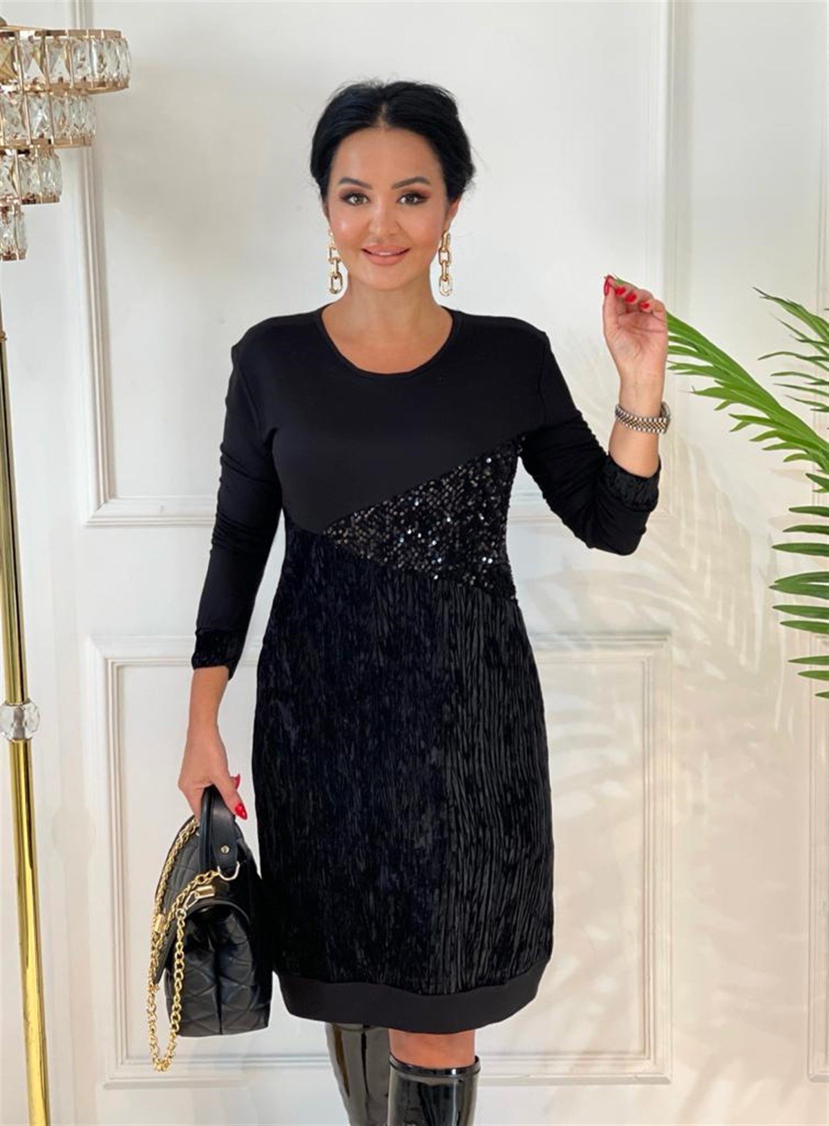 3758  siyah önü pullu kadife elbise Gkcılhyxvı