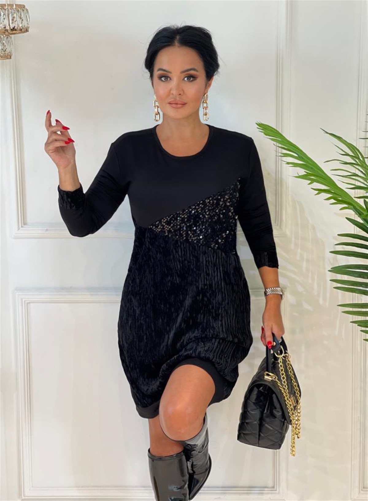 3758  siyah önü pullu kadife elbise Gkcılhyxvı