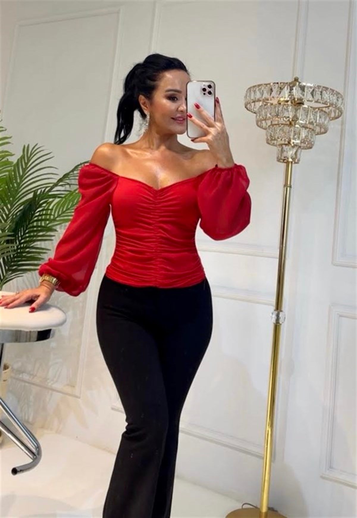 3765 KIRMIZI KOLU TÜL DETAYLI BLUZsnsdjd