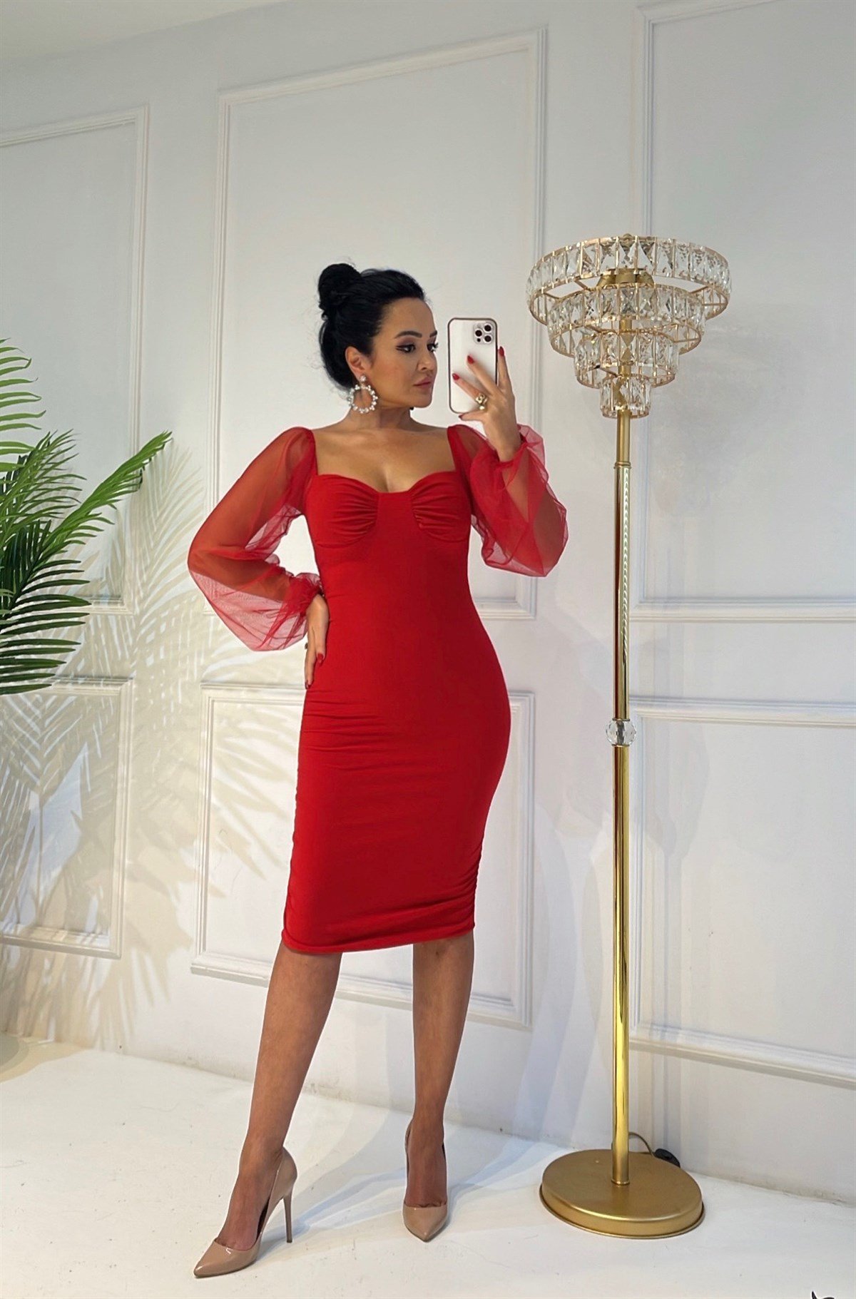 3807  KIRMIZI kolları transparan elbisemmgff