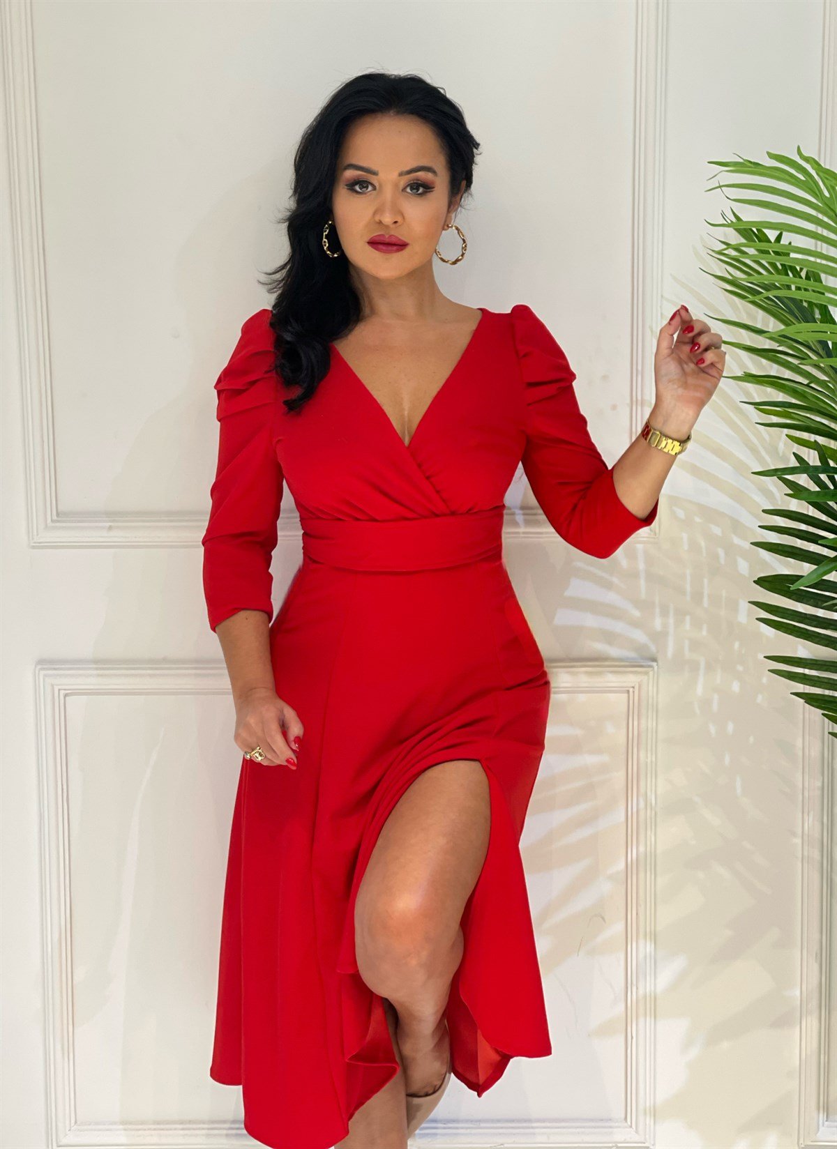 3808 KIRMIZI KRUVAZE YAKA  YIRTMAÇLI ELBİSE SŞDFGF