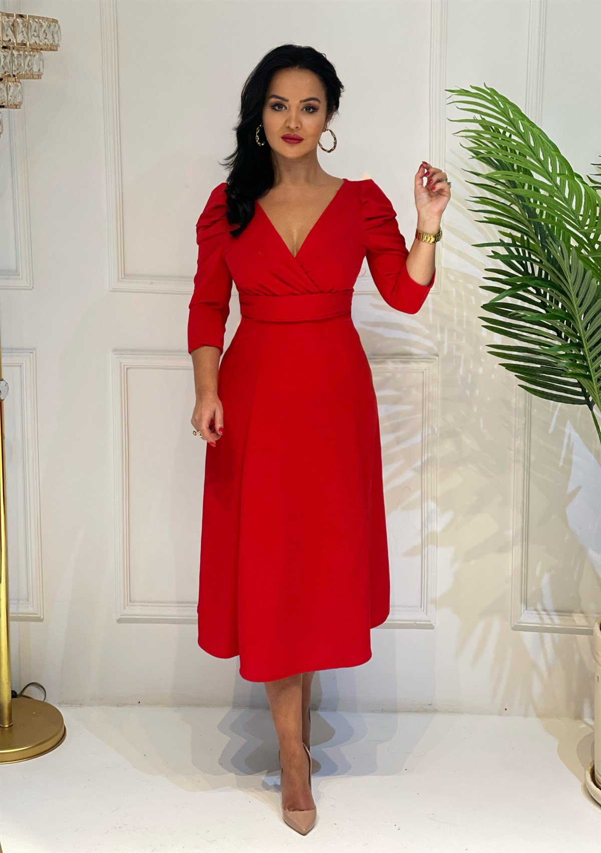 3808 KIRMIZI KRUVAZE YAKA  YIRTMAÇLI ELBİSE SŞDFGF