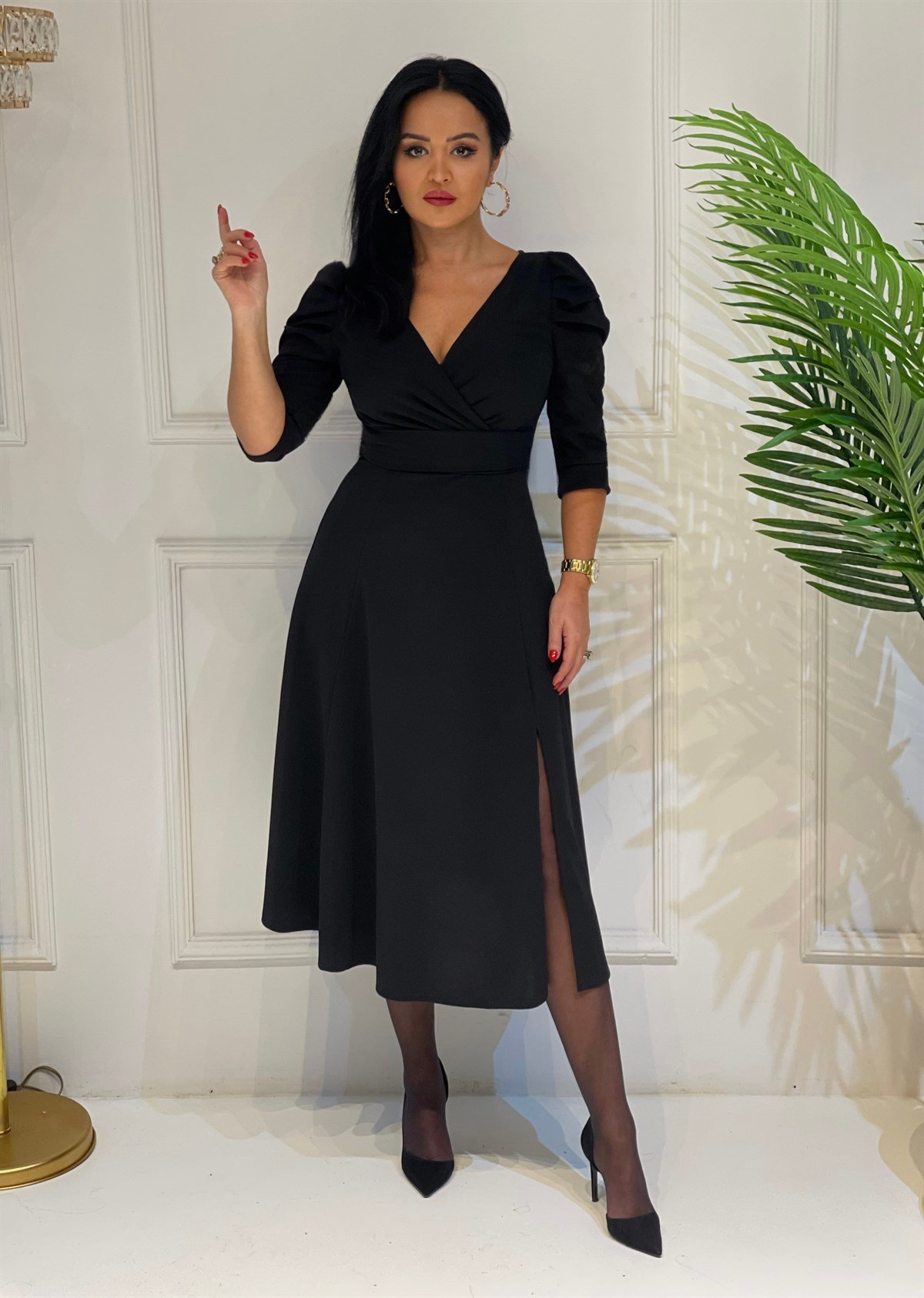 3808 SİYAH KRUVAZE YAKA  YIRTMAÇLI ELBİSE SŞDFGF