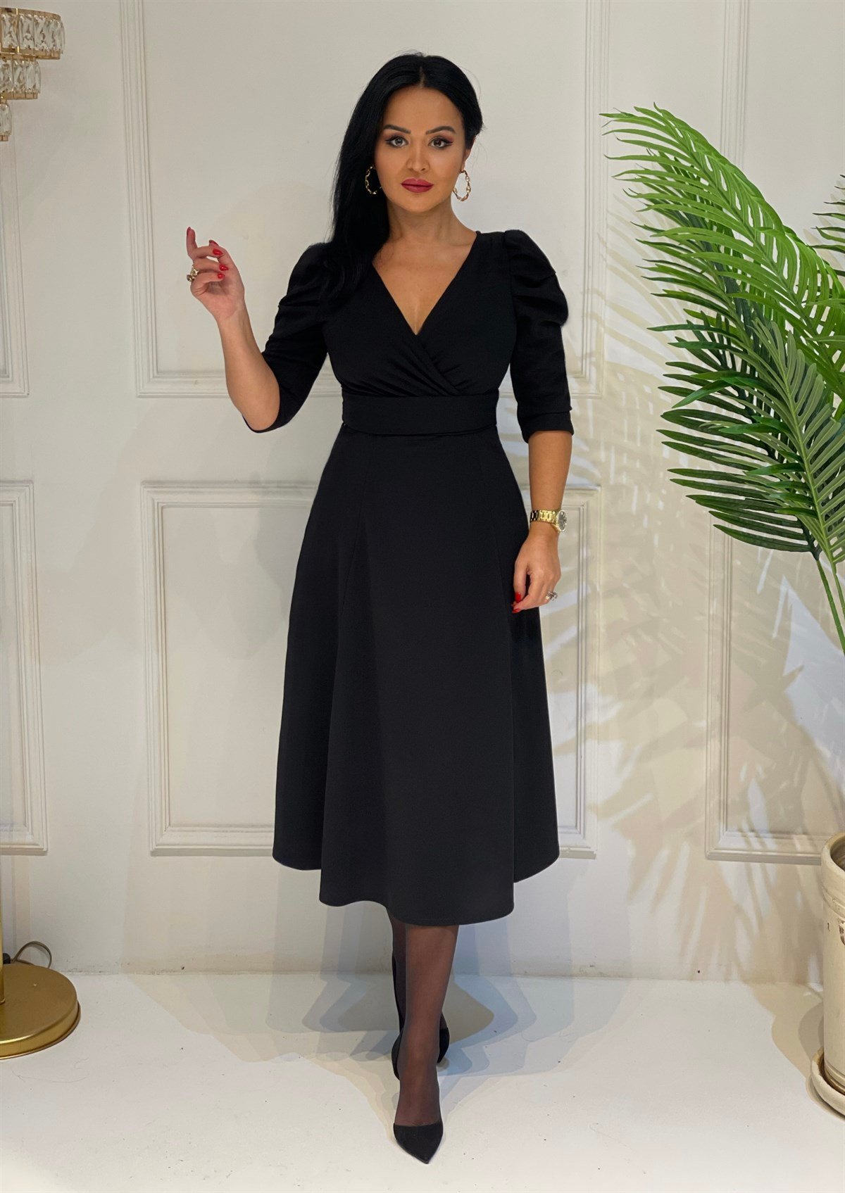 3808 SİYAH KRUVAZE YAKA  YIRTMAÇLI ELBİSE SŞDFGF