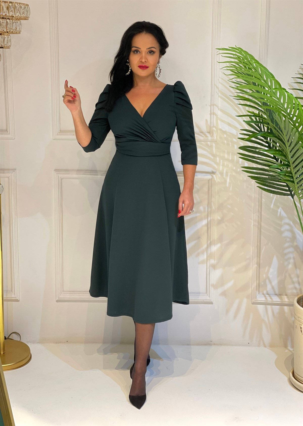 3808 YEŞİL KRUVAZE YAKA  YIRTMAÇLI ELBİSE SŞDFGF