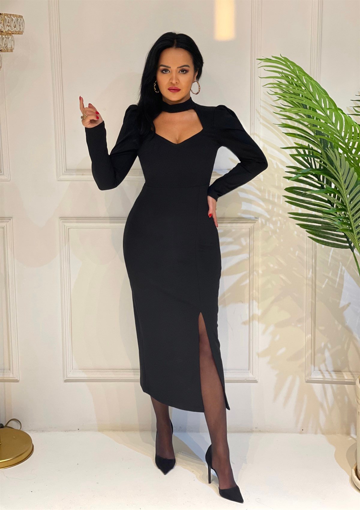 3809 SİYAH GÖGÜS DEKOLTELİ VATKALI YIRTMAÇLI ELBİSE SŞDFGF