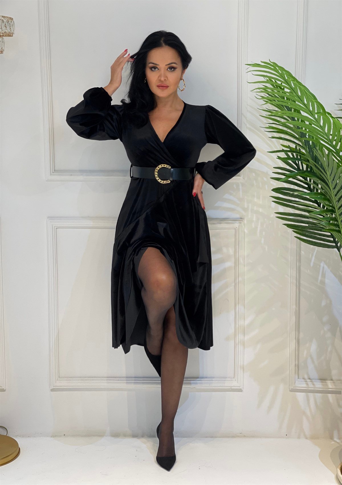 3815 siyah kadife kemerli volanlı elbiseDSUJSUJNDD