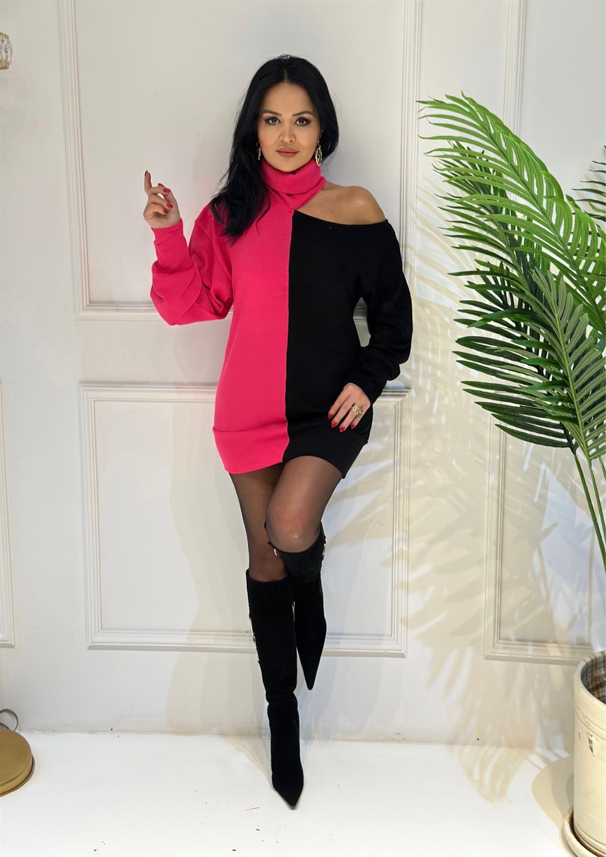 3817 SİYAH PEMBE OMUZ DEKOLTELİ BAYAN TUNİKjjknhhb