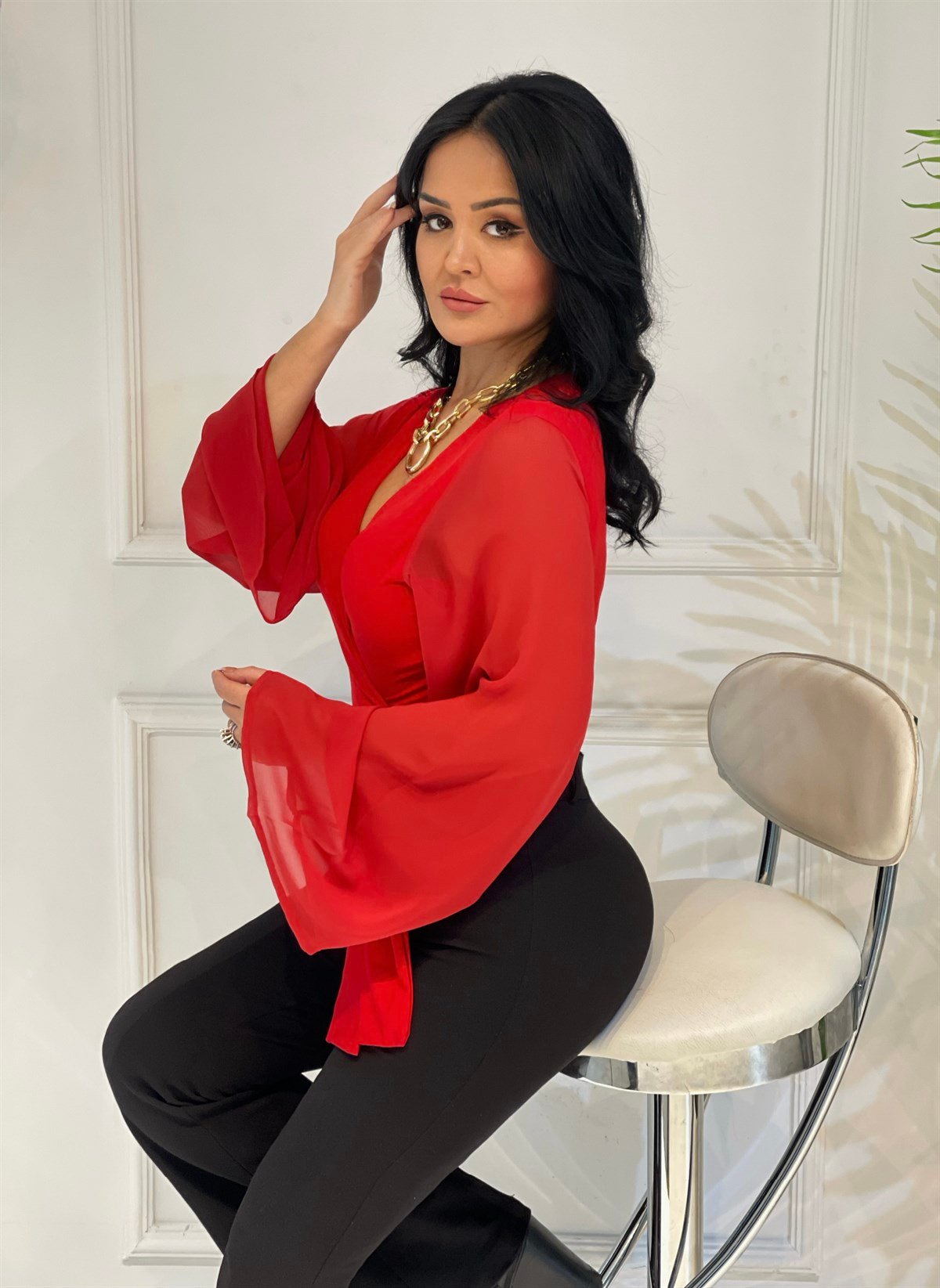 3840 Kolu şifon kırmızı bayan bluzGHTHTGRTT