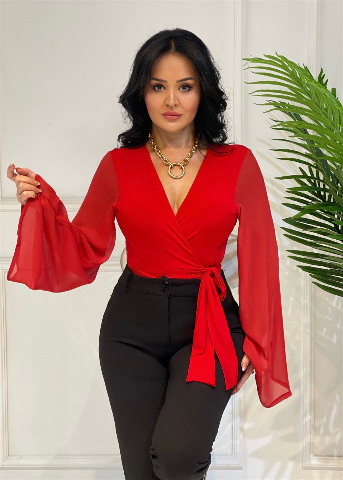 3840 Kolu şifon kırmızı bayan bluzGHTHTGRTT