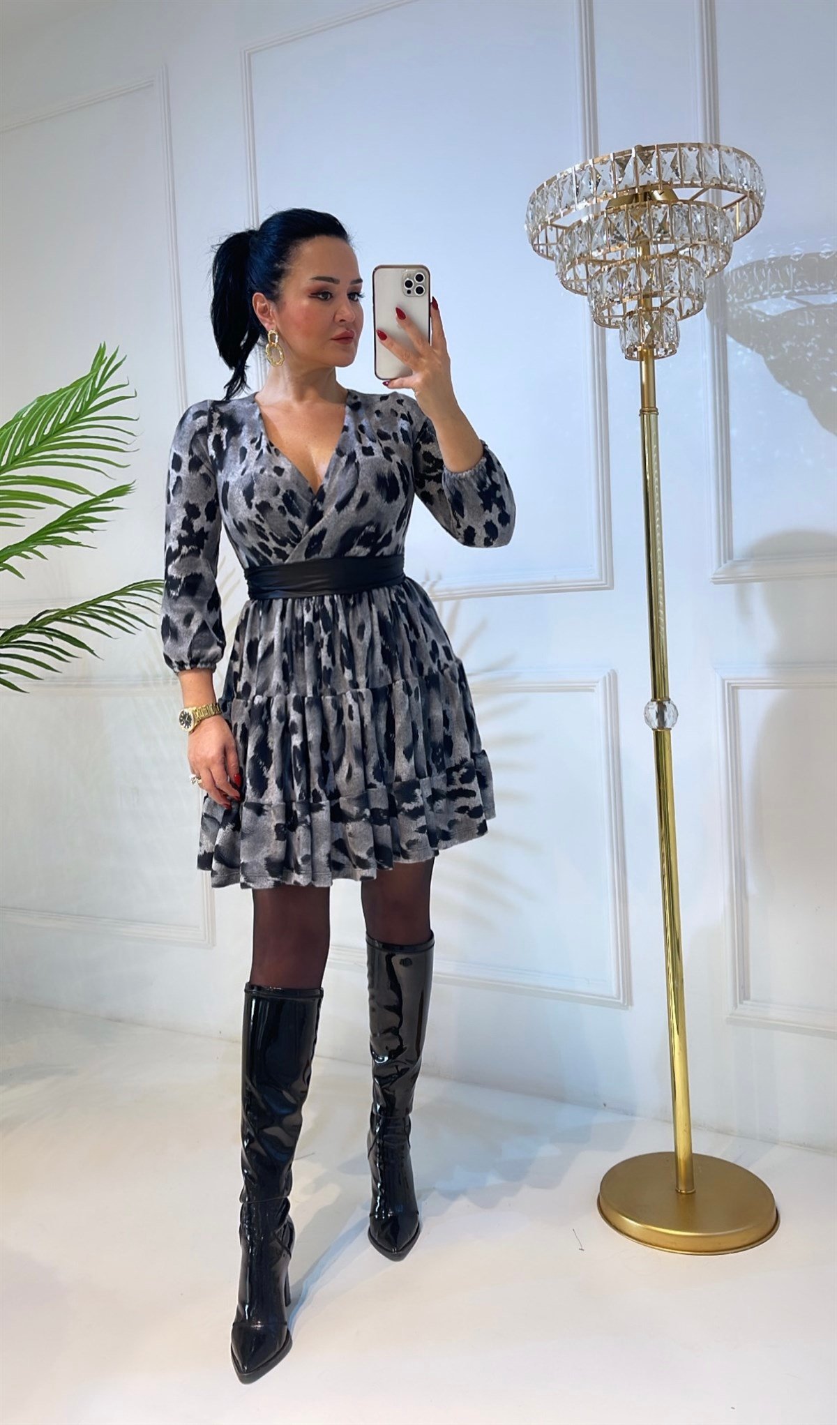 3920 Gri leopar kruvaze elbisehyshsywsyw