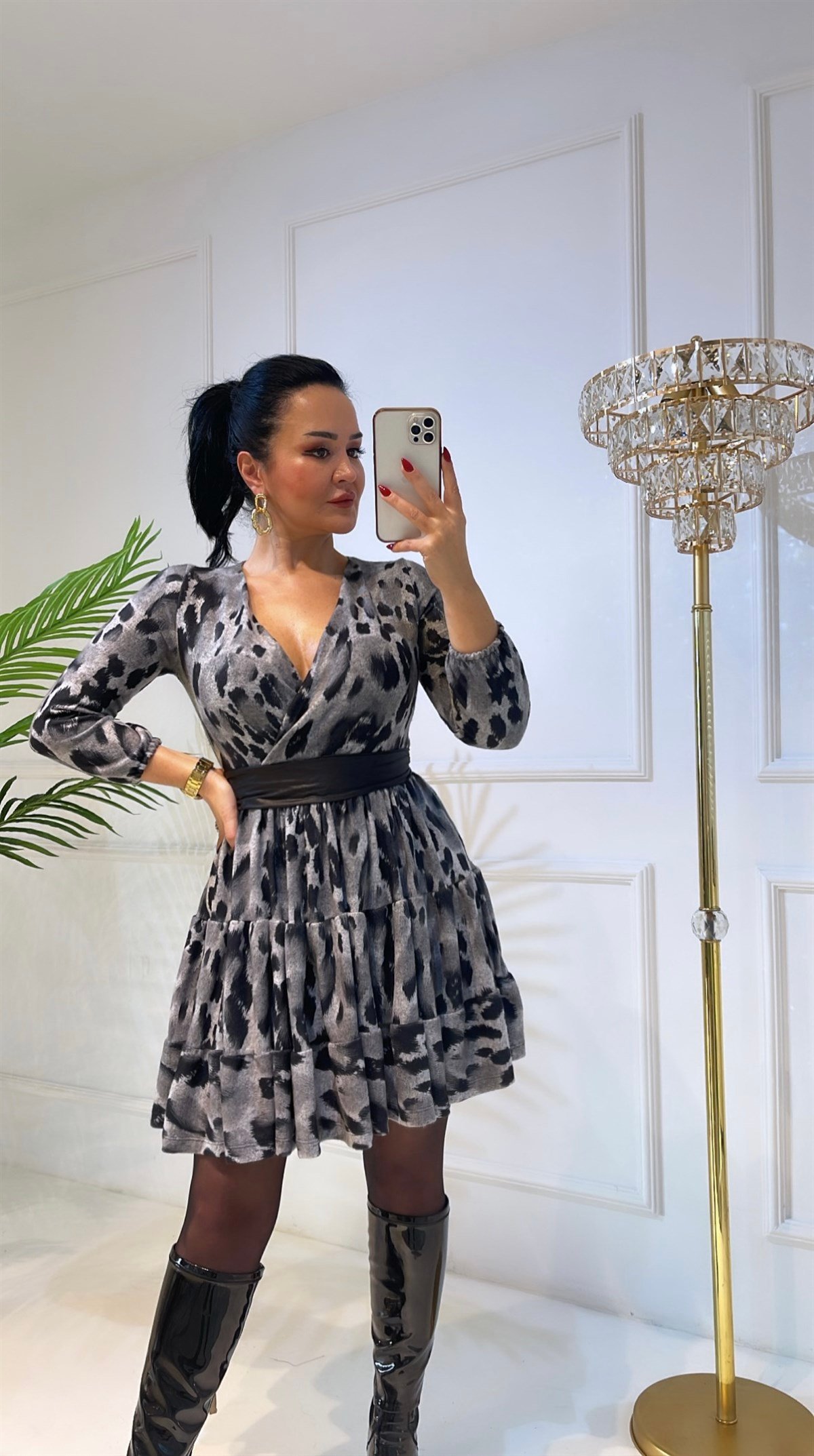 3920 Gri leopar kruvaze elbisehyshsywsyw