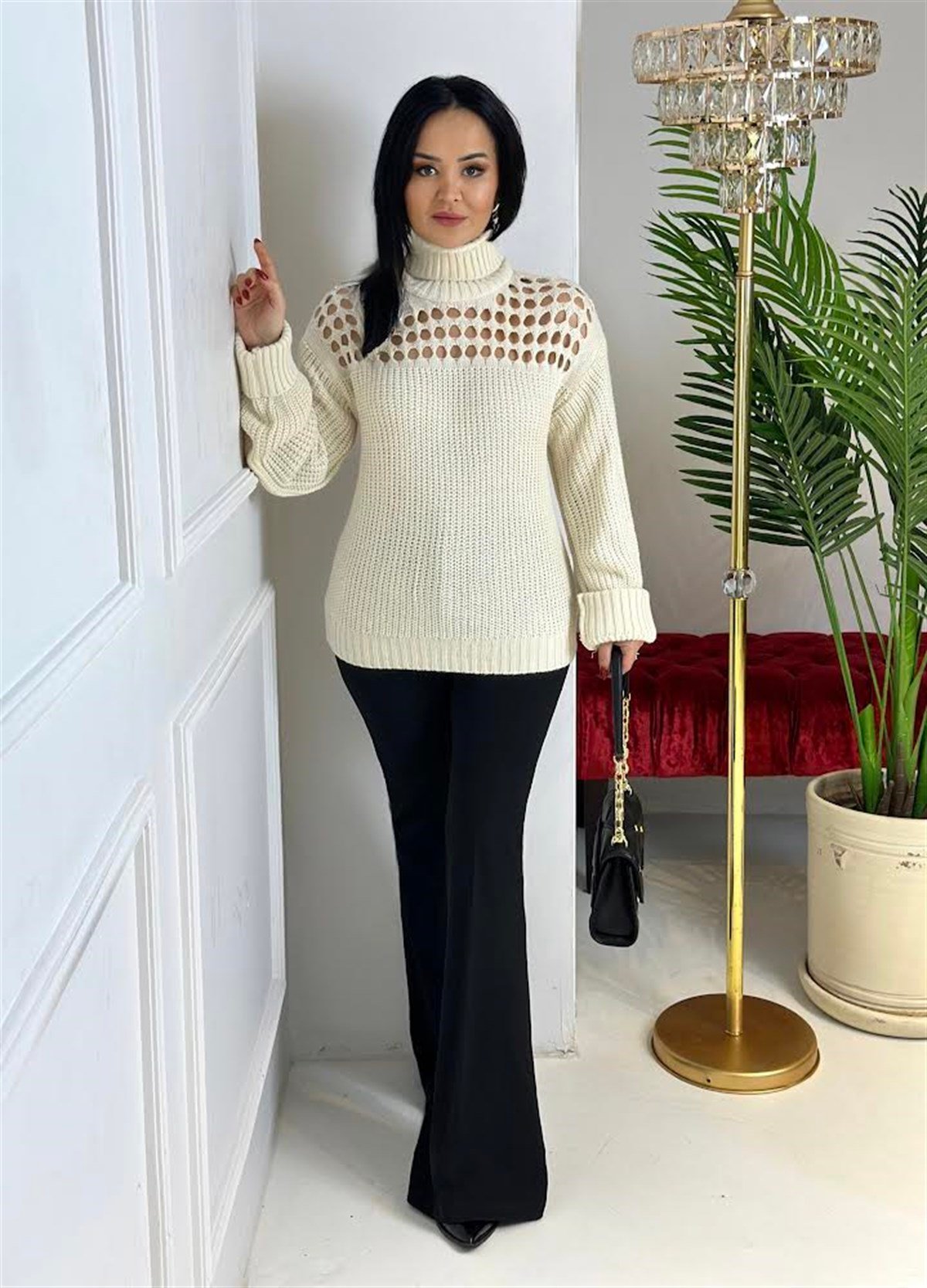 3947 Balıkçı yaka dekolteli ekru kazakssdfgv