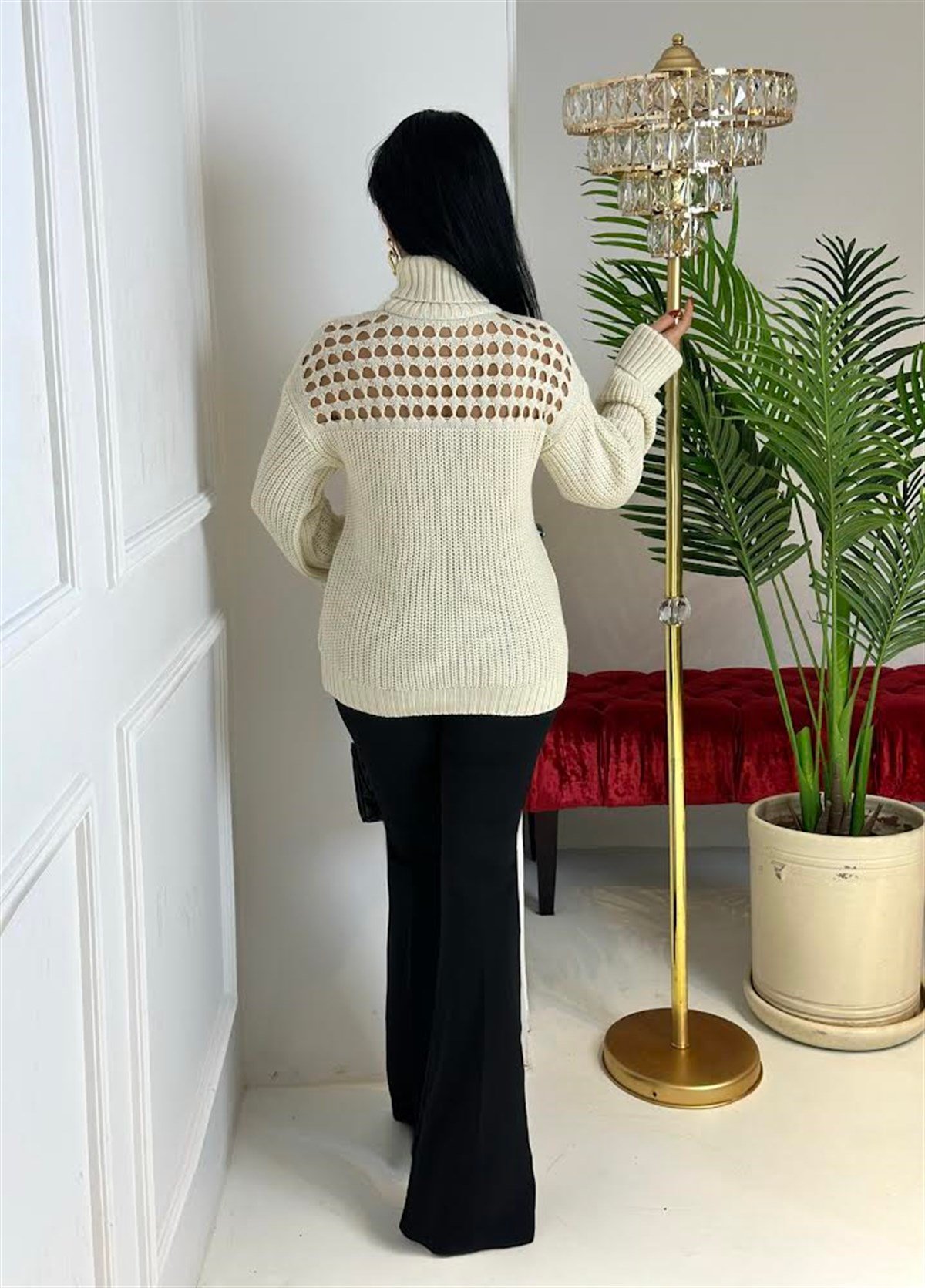 3947 Balıkçı yaka dekolteli ekru kazakssdfgv