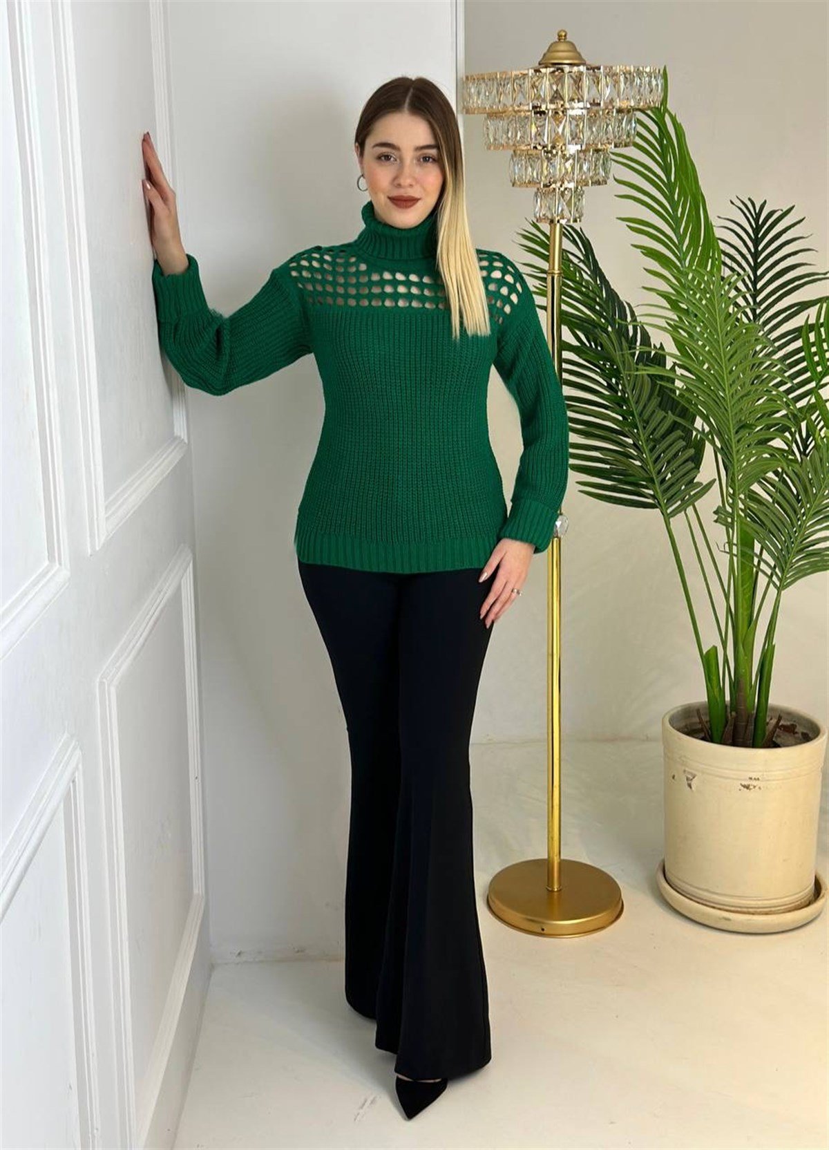 3947 Balıkçı yaka dekolteli yeşil kazakssdfgv