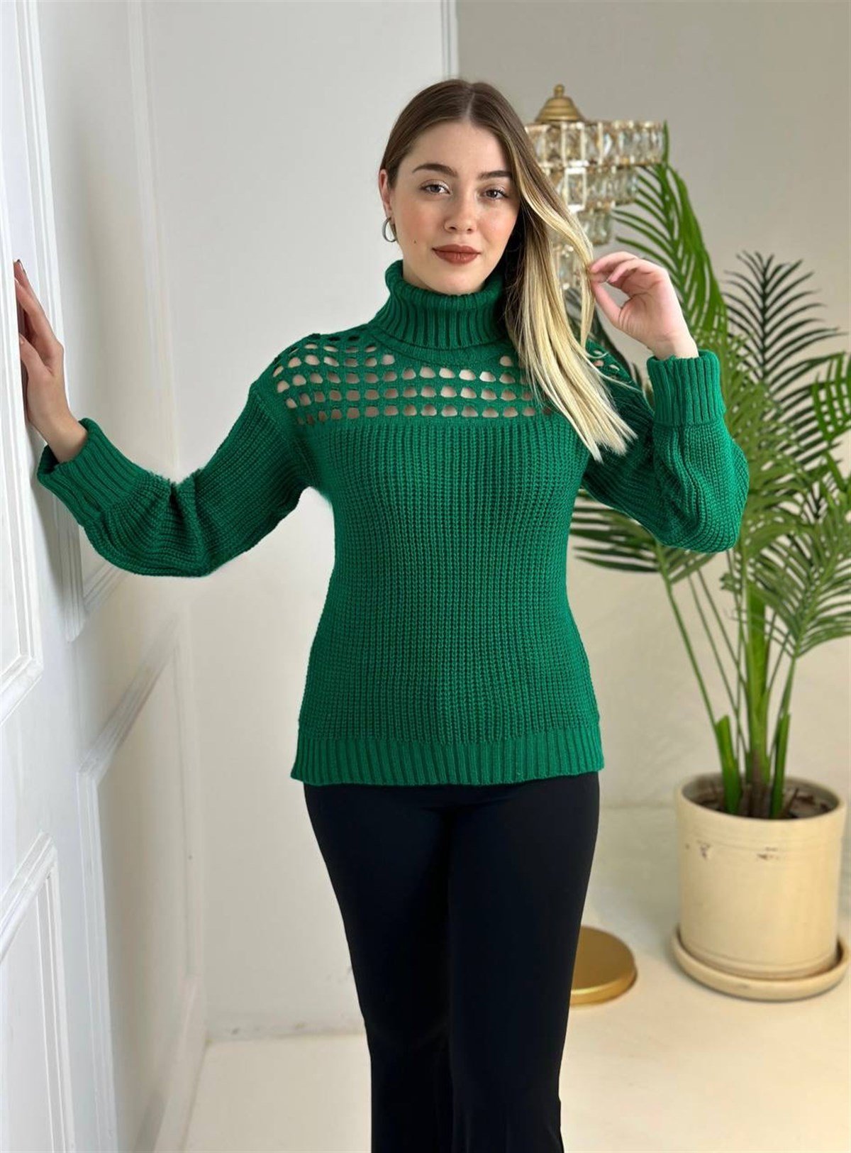 3947 Balıkçı yaka dekolteli yeşil kazakssdfgv