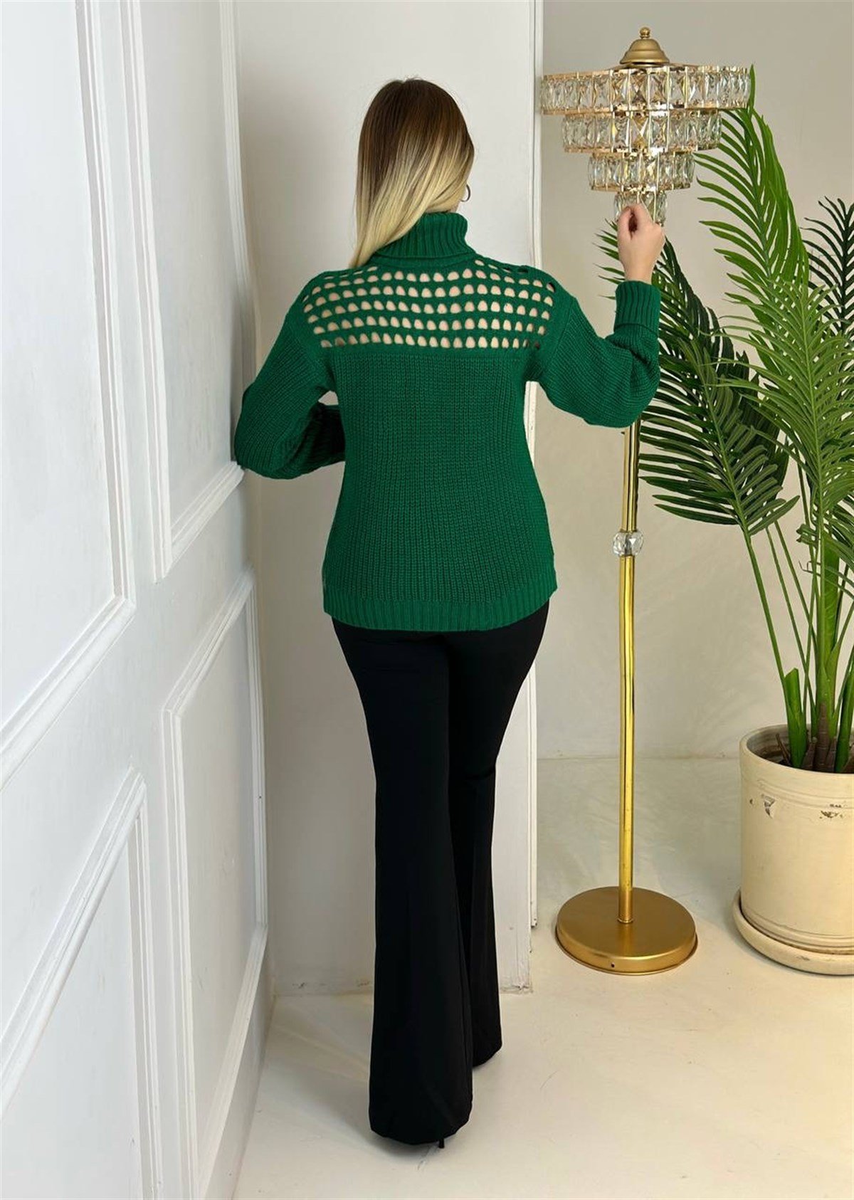 3947 Balıkçı yaka dekolteli yeşil kazakssdfgv