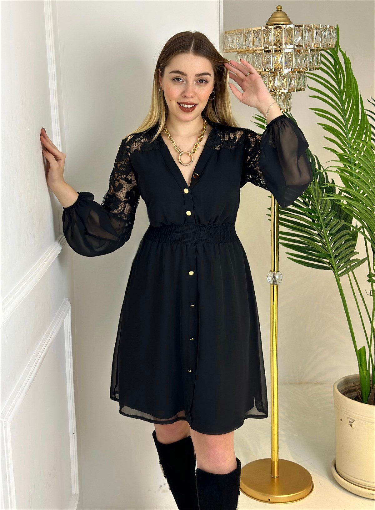 3969 Düğmeli şifon elbisessdfgv