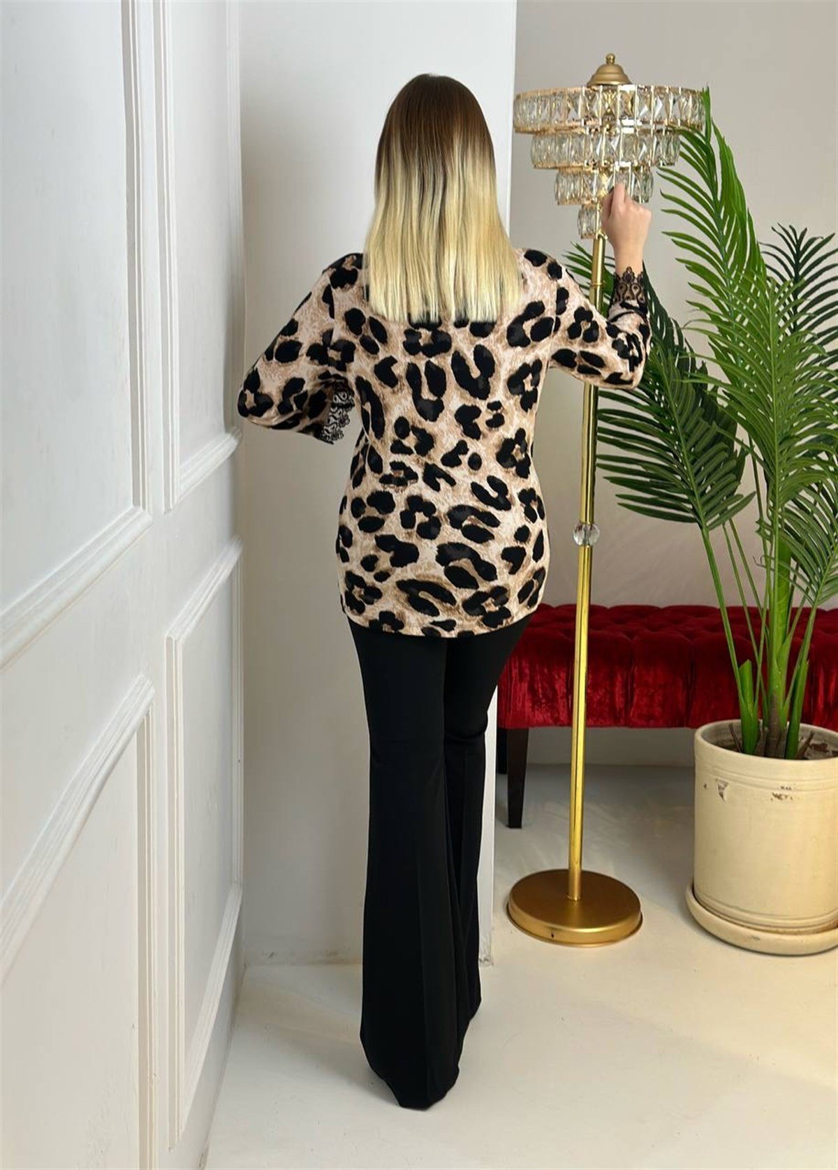 3985 Kolu güpürlü leopar gömlekdef45ty54y5