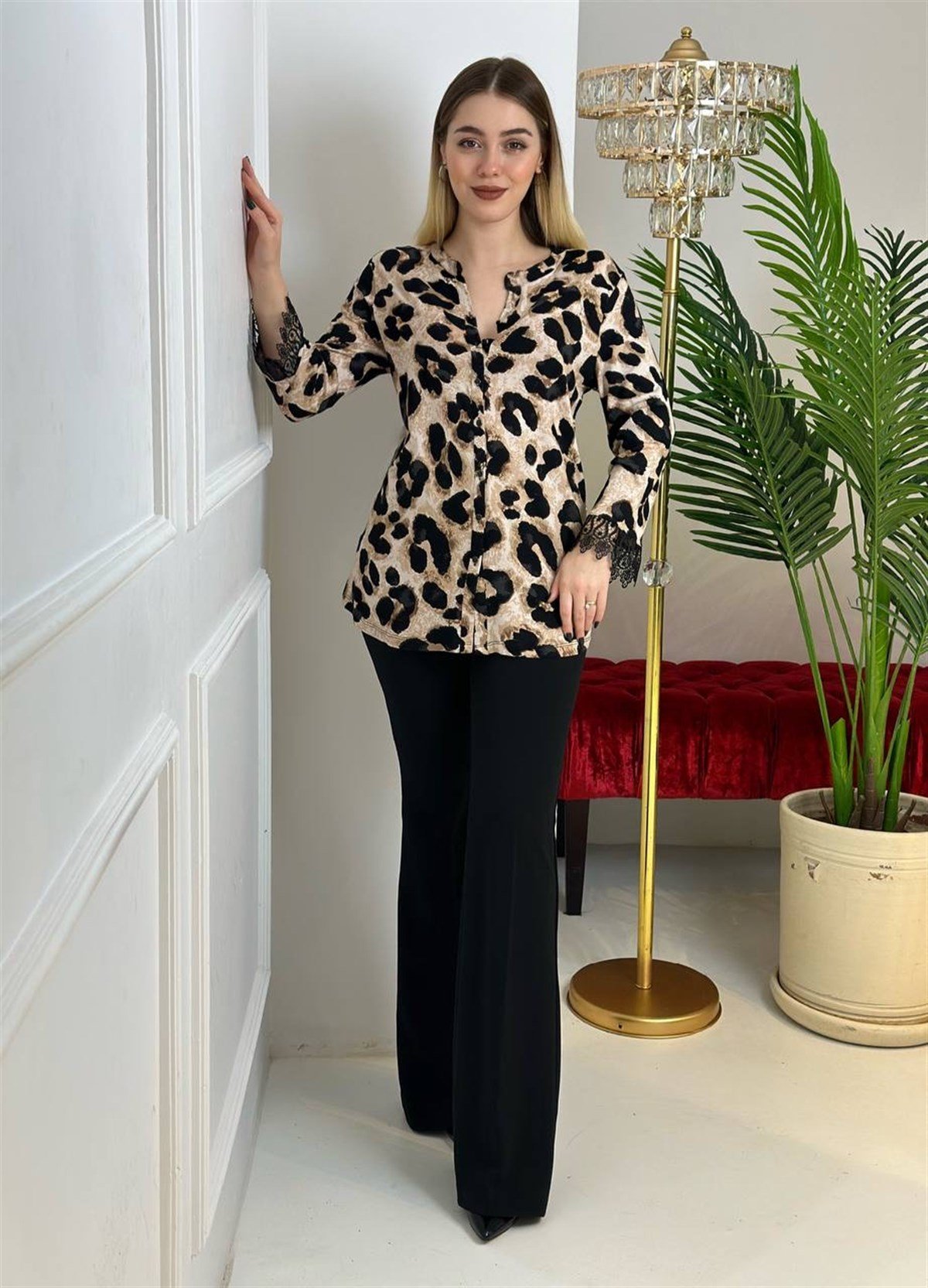 3985 Kolu güpürlü leopar gömlekdef45ty54y5
