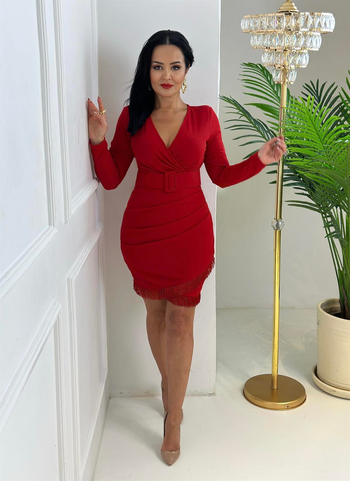3996 Kruvaze yaka anvelop mini kırmızı elbiseSlskdfn