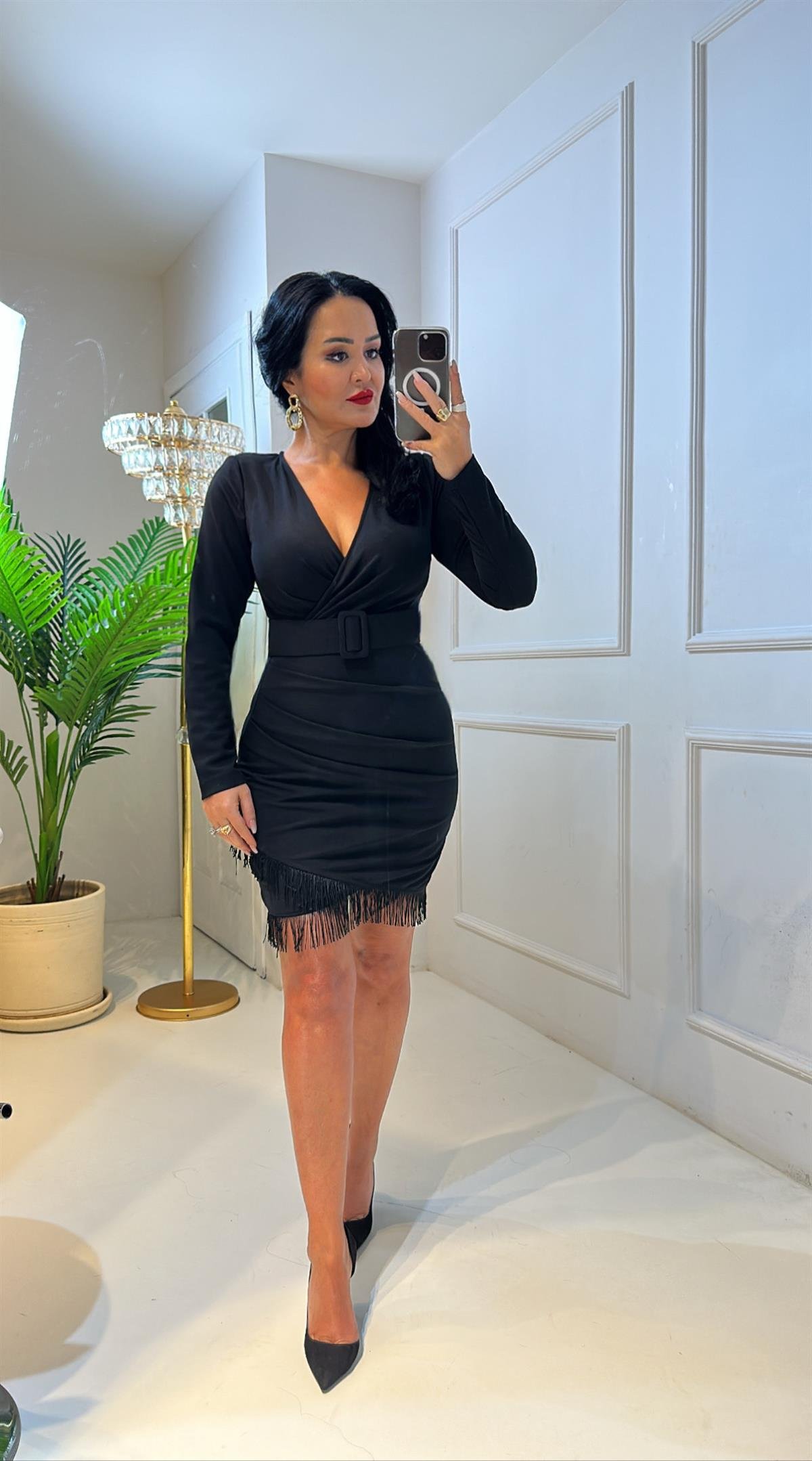 3996 Kruvaze yaka anvelop mini siyah elbiseSlskdfn