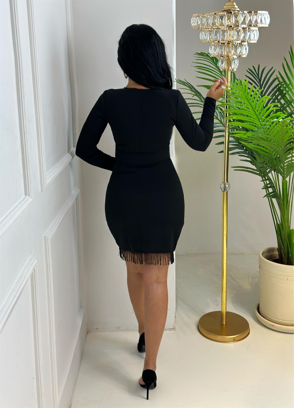 3996 Kruvaze yaka anvelop mini siyah elbiseSlskdfn