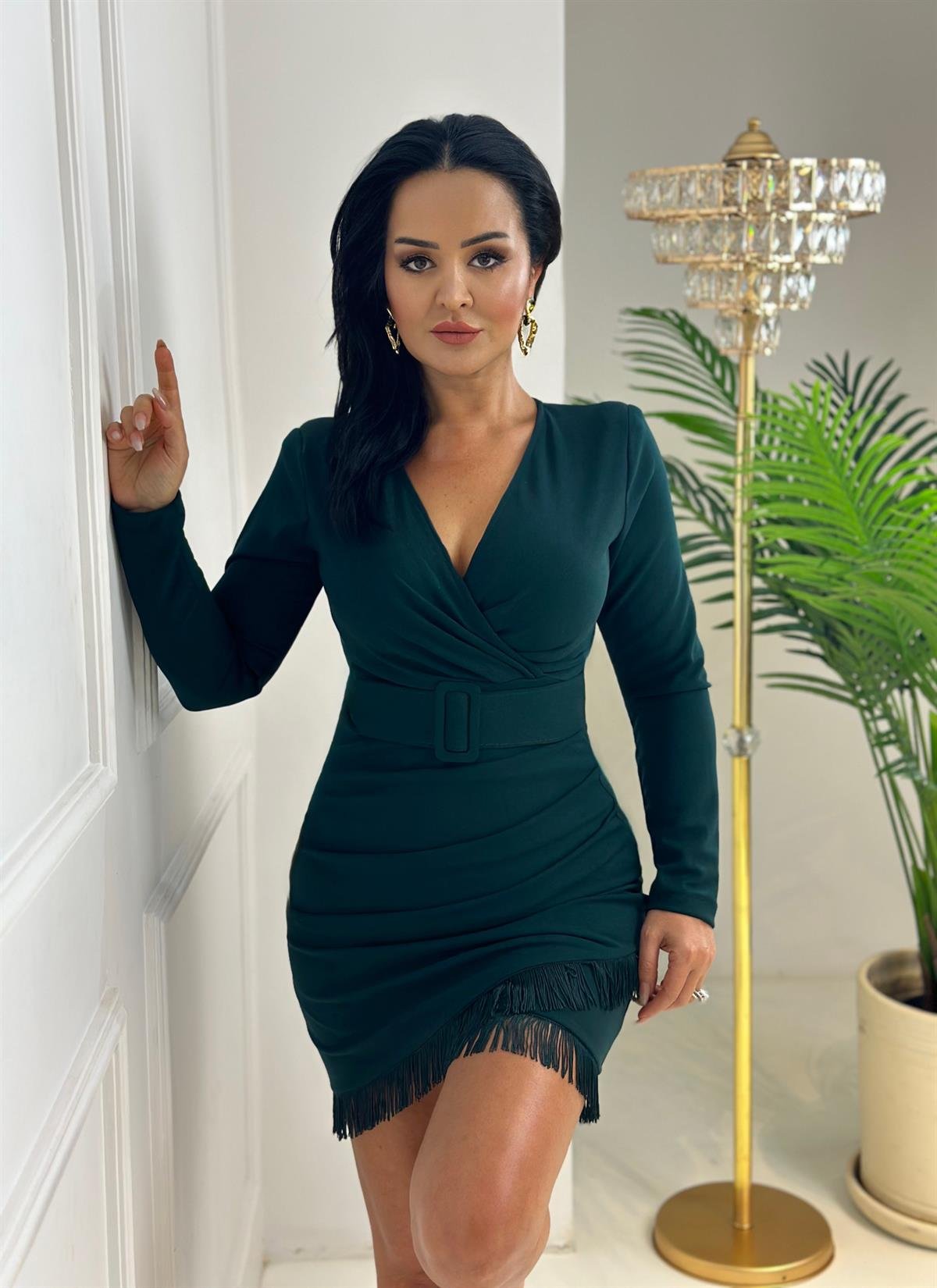 3996 Kruvaze yaka anvelop mini yeşil elbiseSlskdfn