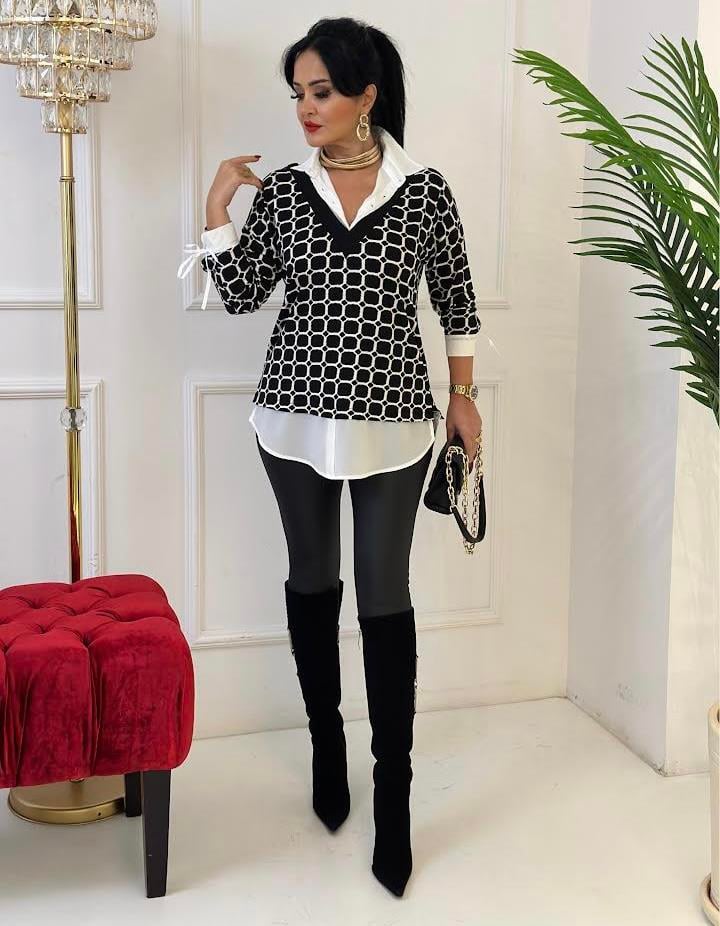 4003    Gömlek yaka kareli siyah beyaz  tunikFVGFGFGD