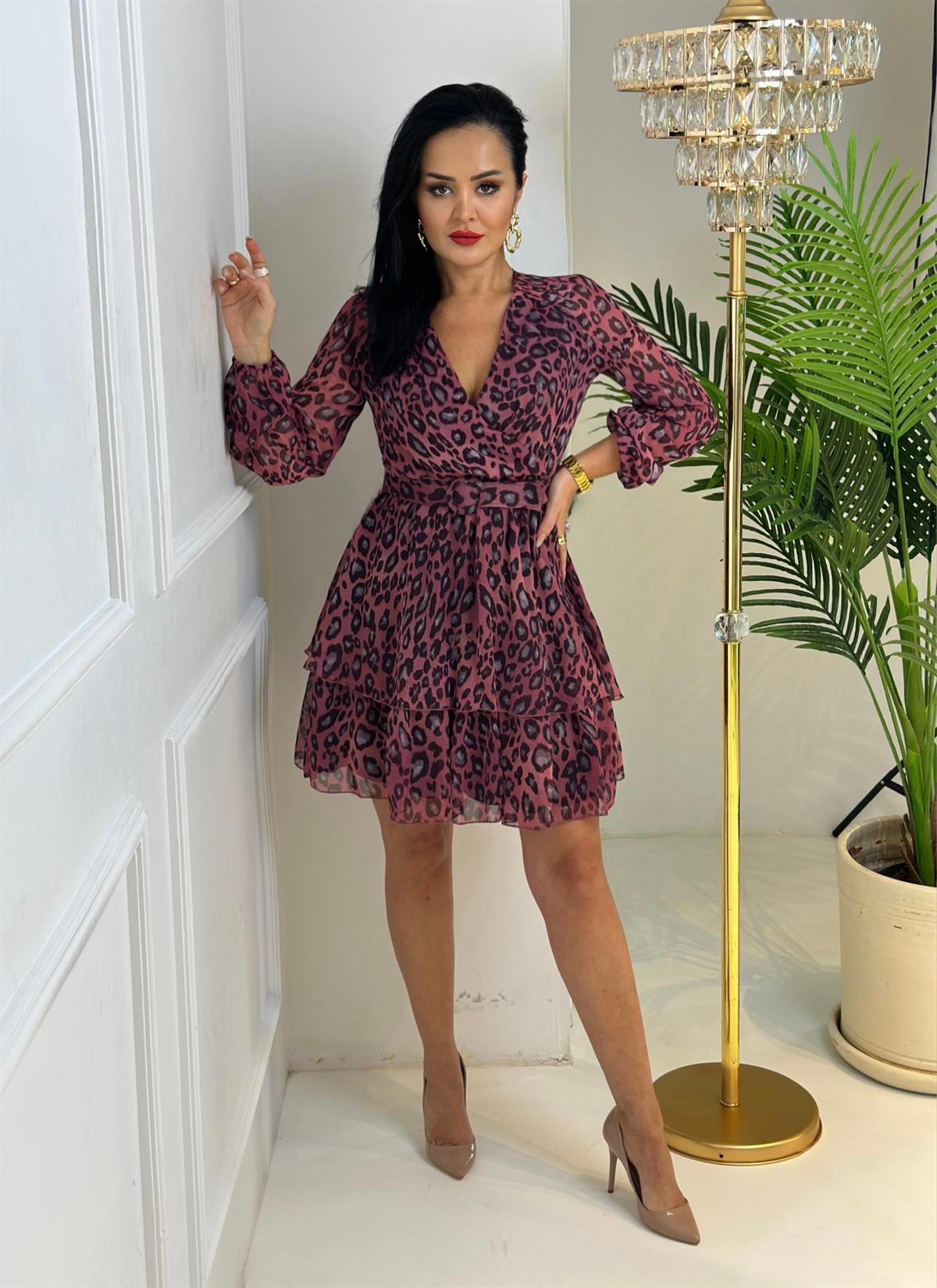 4006 Leopar desen pembe elbisedfefdfdfsdfgsd
