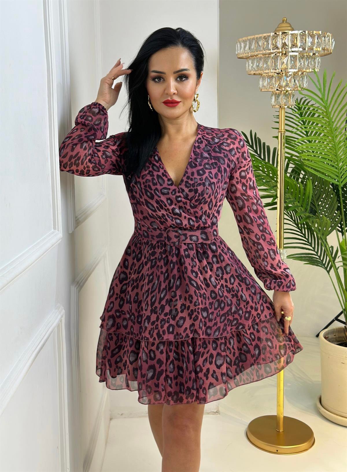 4006 Leopar desen pembe elbisedfefdfdfsdfgsd