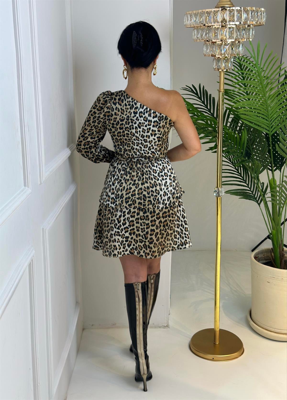 4007 Leopar tek kollu elbiseFDSFFSD