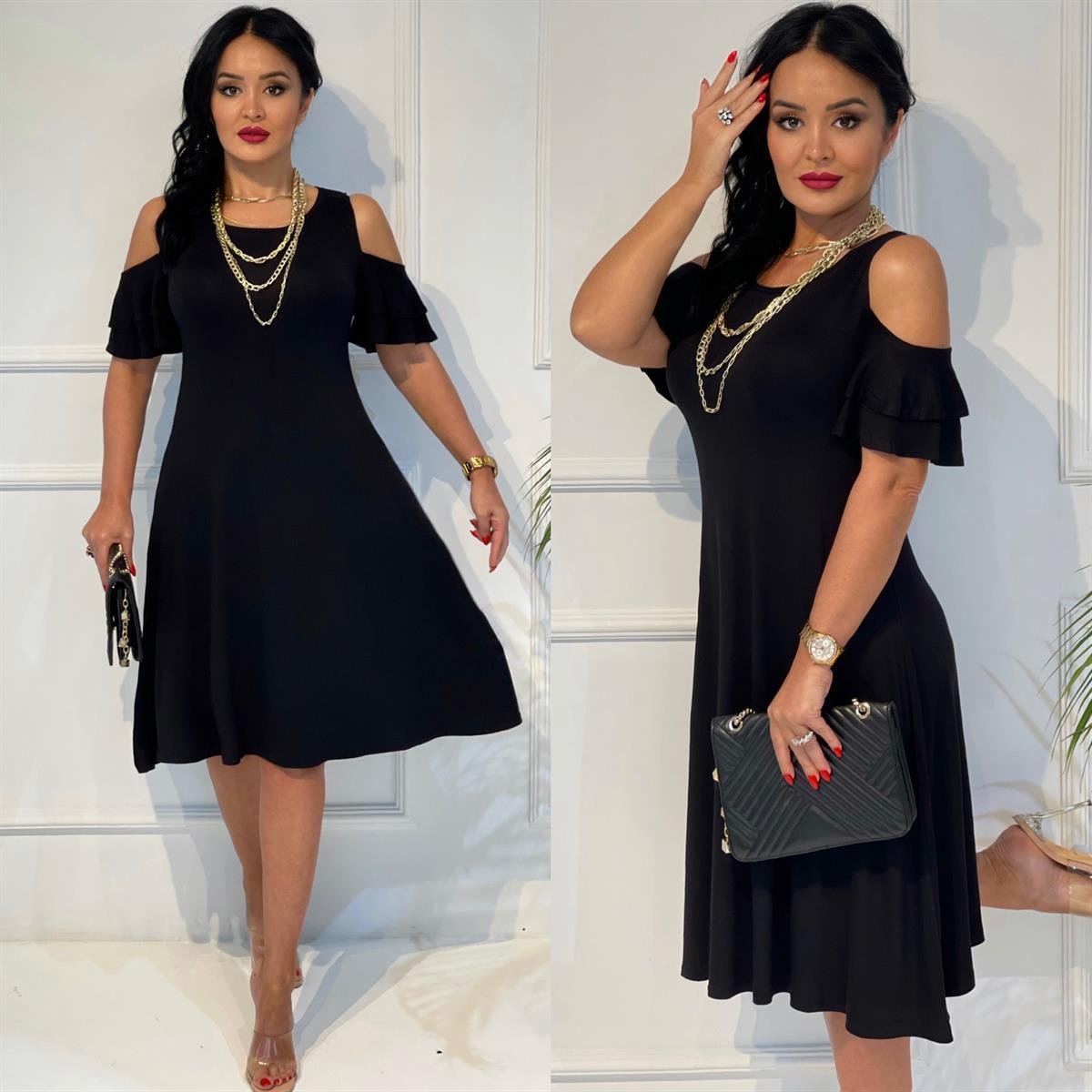 4015 Omuz dekolteli siyah elbisehyshsywsyw