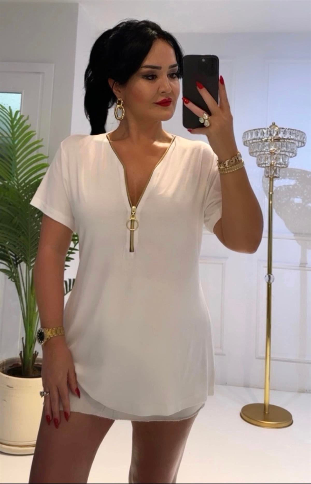 4095 Fermuarlı  beyaz bluzTFUF